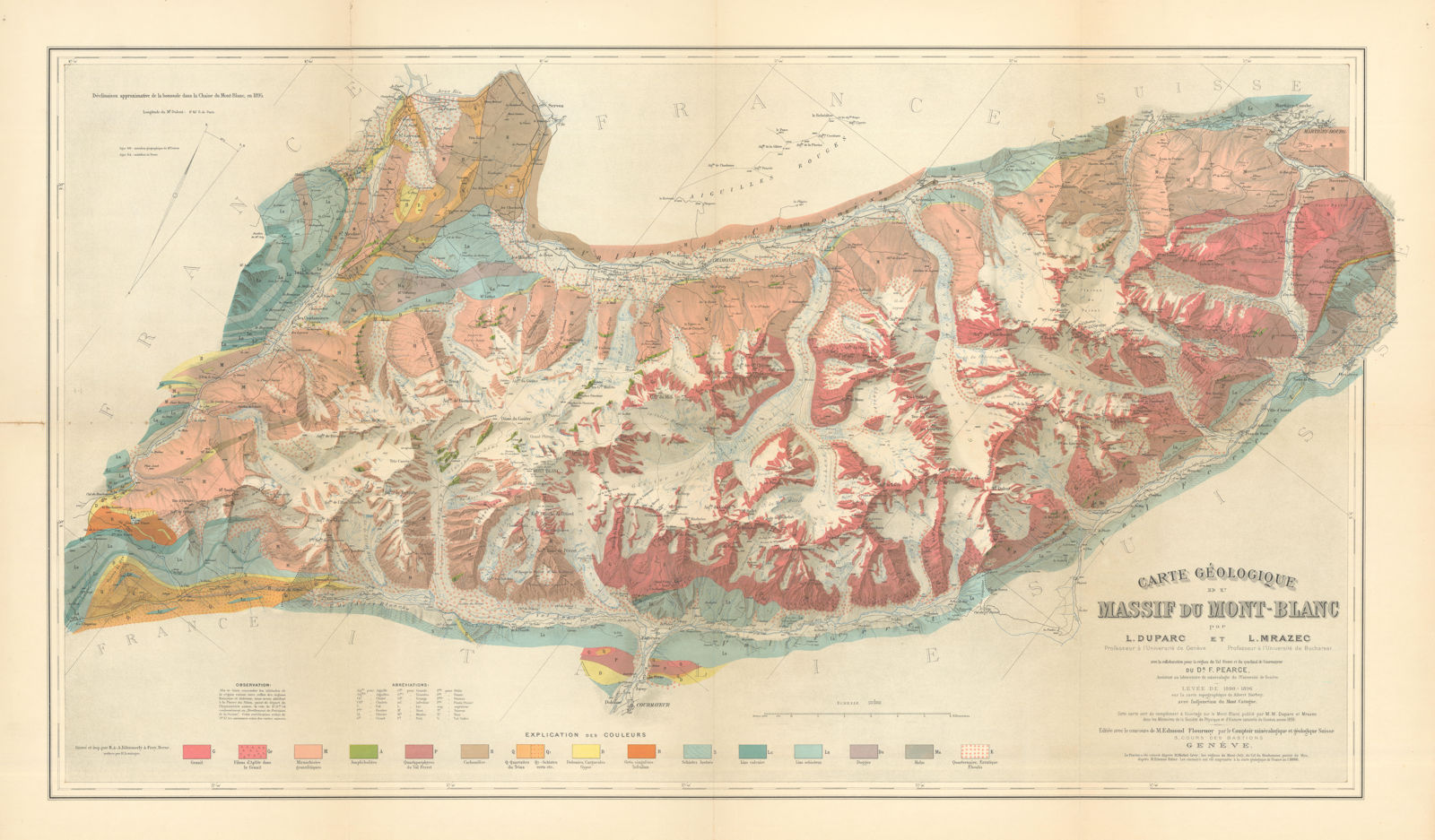 Carte Géologique du Massif du Mont-Blanc. Geological map. Duparc & Mrazec 1898