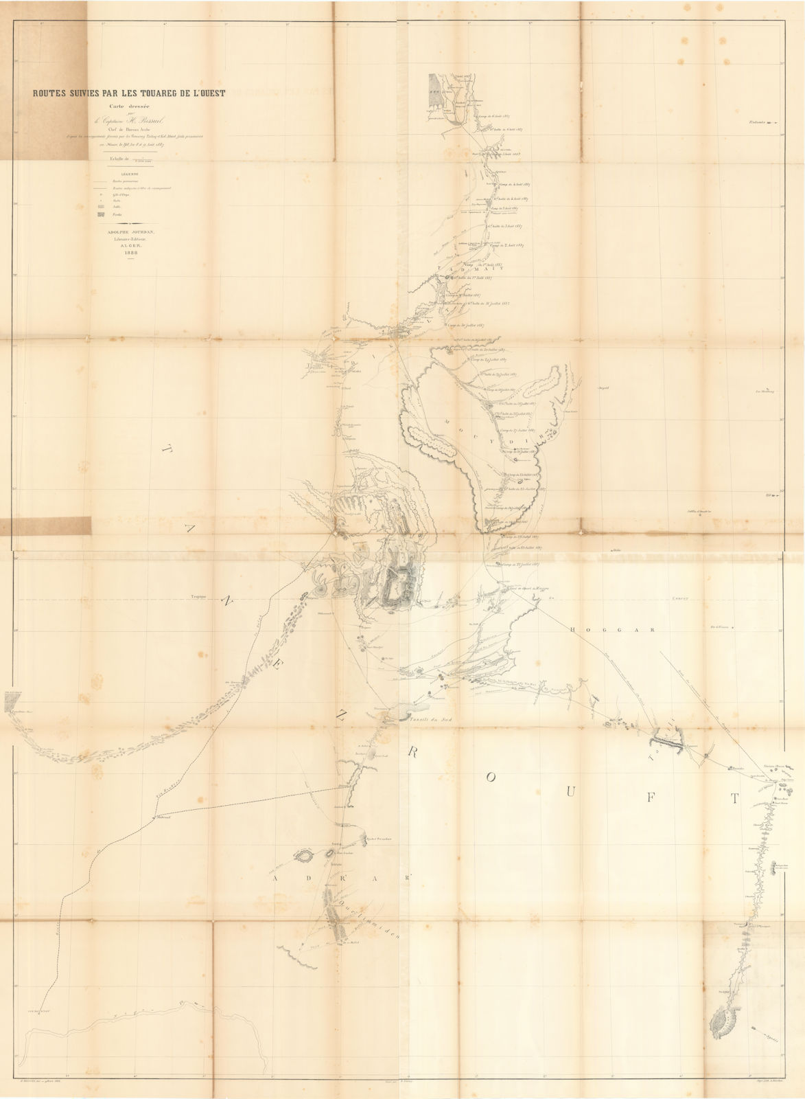 Routes suivies par les Touareg de l'Ouest Sahara caravan routes BISSUEL 1888 map