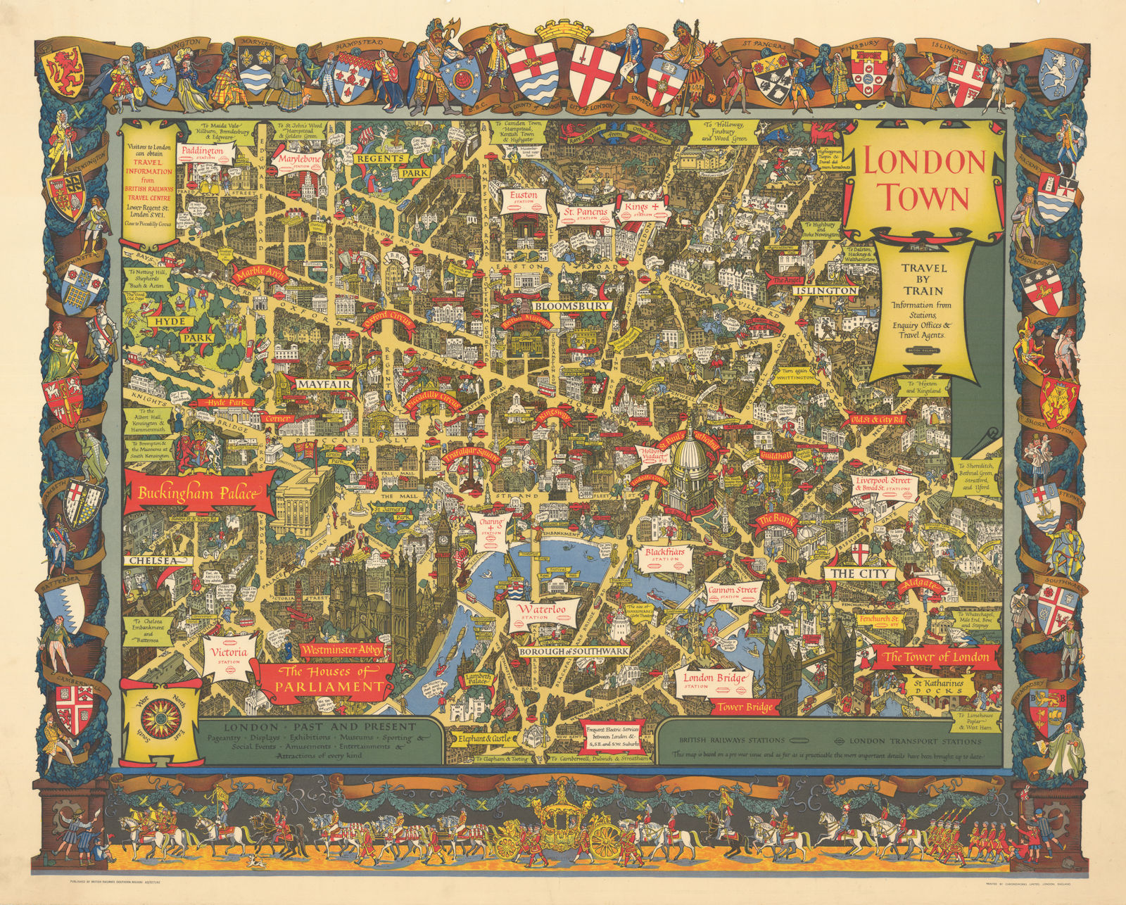 Associate Product London Town - Travel by Train. 116x94cm Pictorial map by Kerry Lee c1953