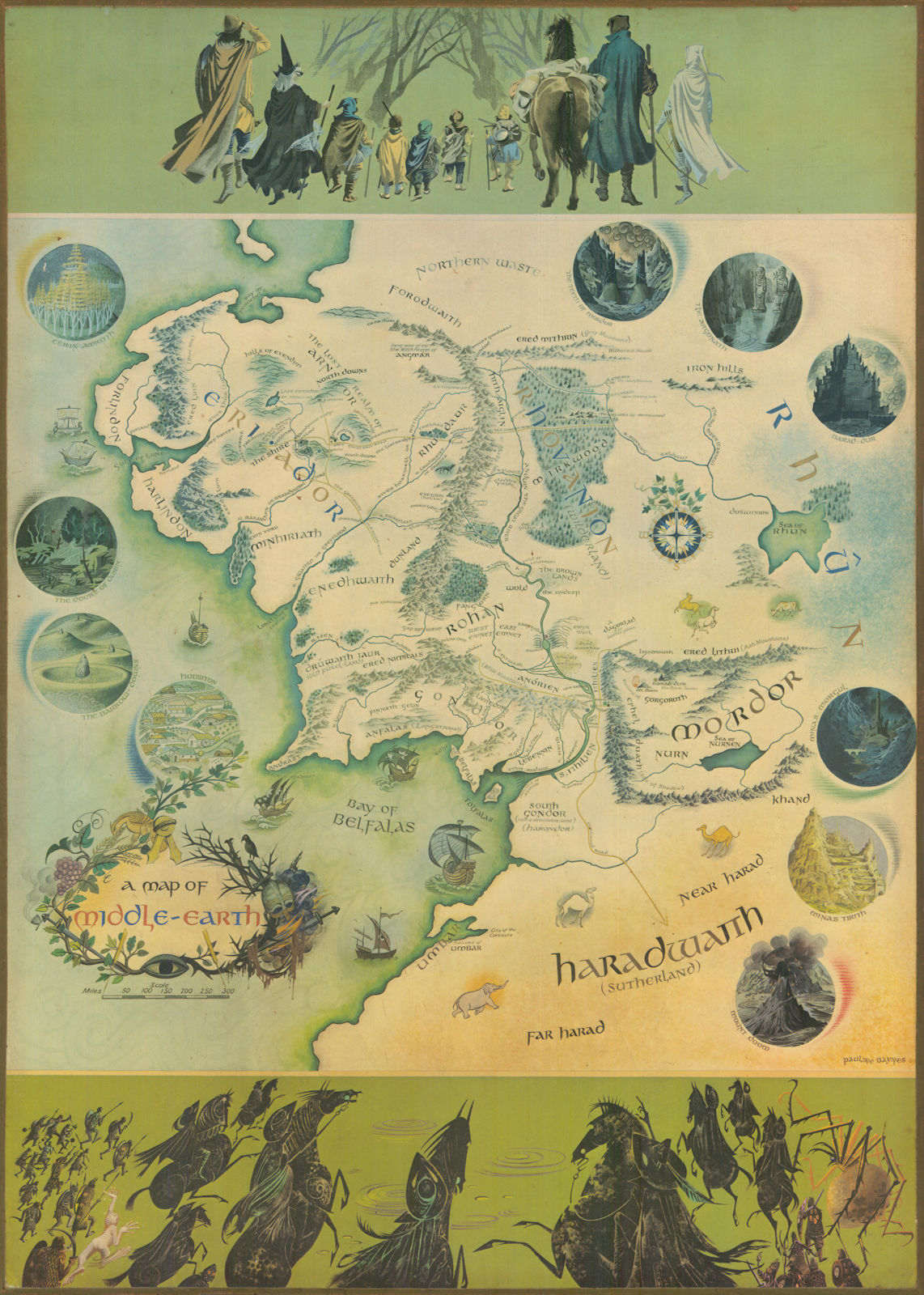 A map of Middle-earth by Pauline Baynes, JRR & CJR Tolkien. 73x50cm. 1969