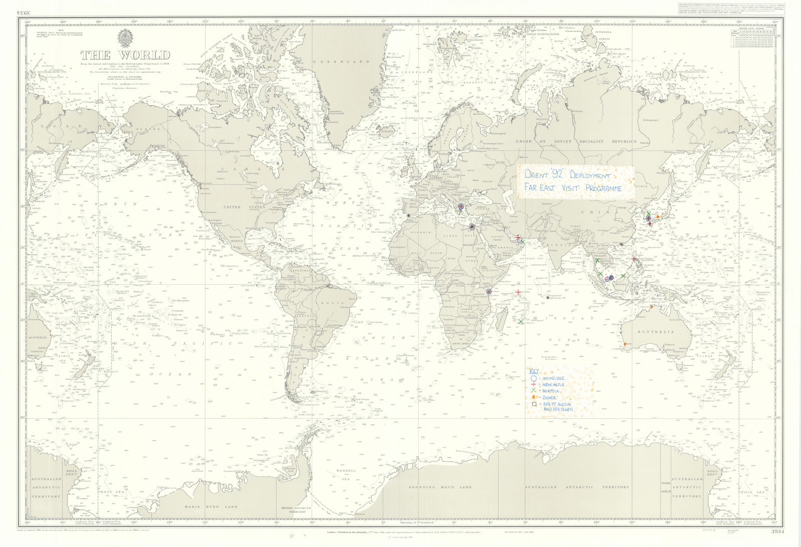 Royal Navy Orient 92 Deployment. Far East. Admiralty chart #3934 1958 (1992) map