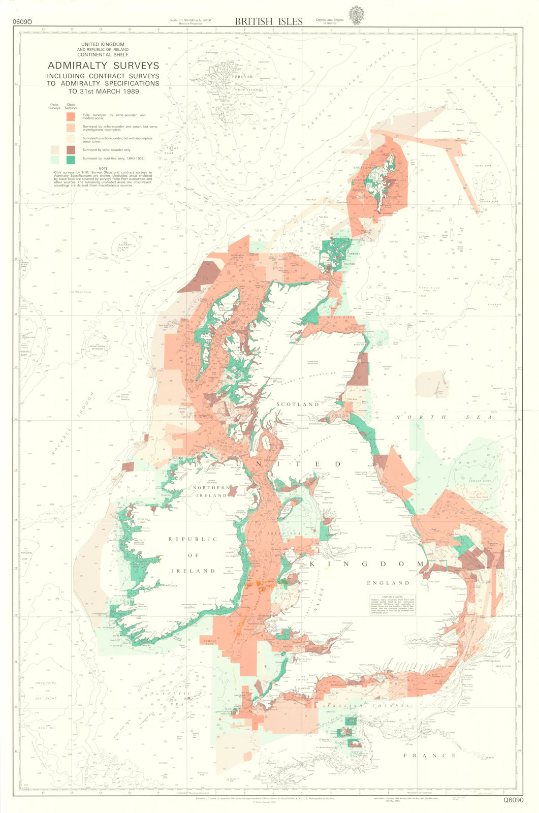 British Isles showing Admiralty Surveys. Admiralty chart #Q6090. 1984 (1989) map