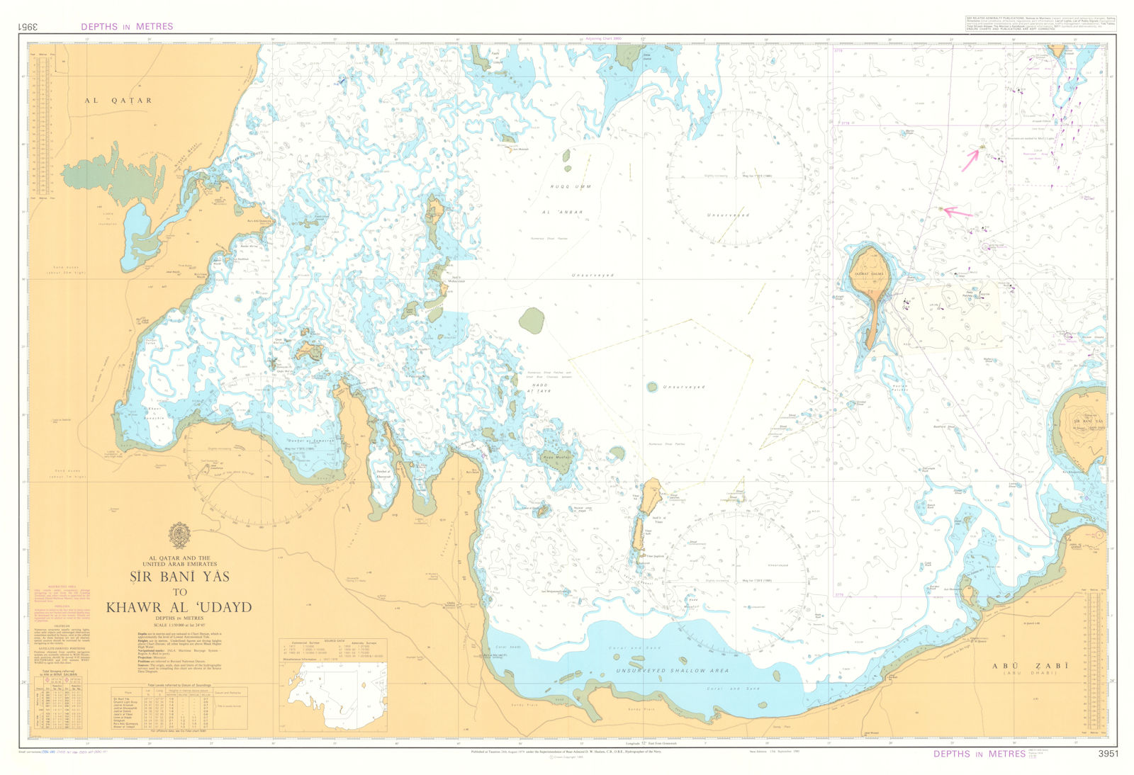 Qatar UAE. Sir Bani Yas-Khawr Al 'Udayd. Admiralty chart #3951. 1979 (1990) map