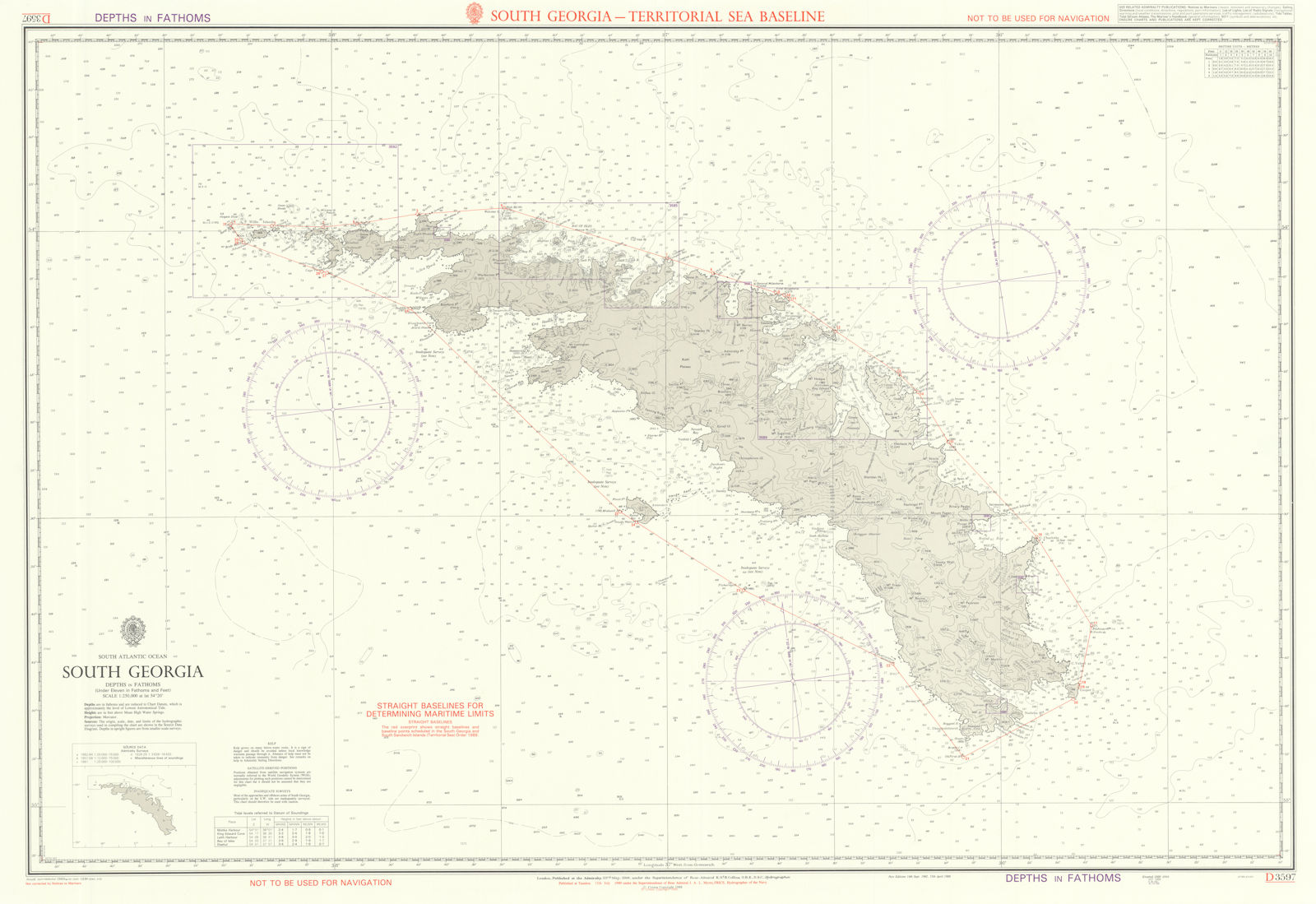 South Georgia - Territorial Sea Baseline. Admiralty sea chart #3597. 1958 (1990) map