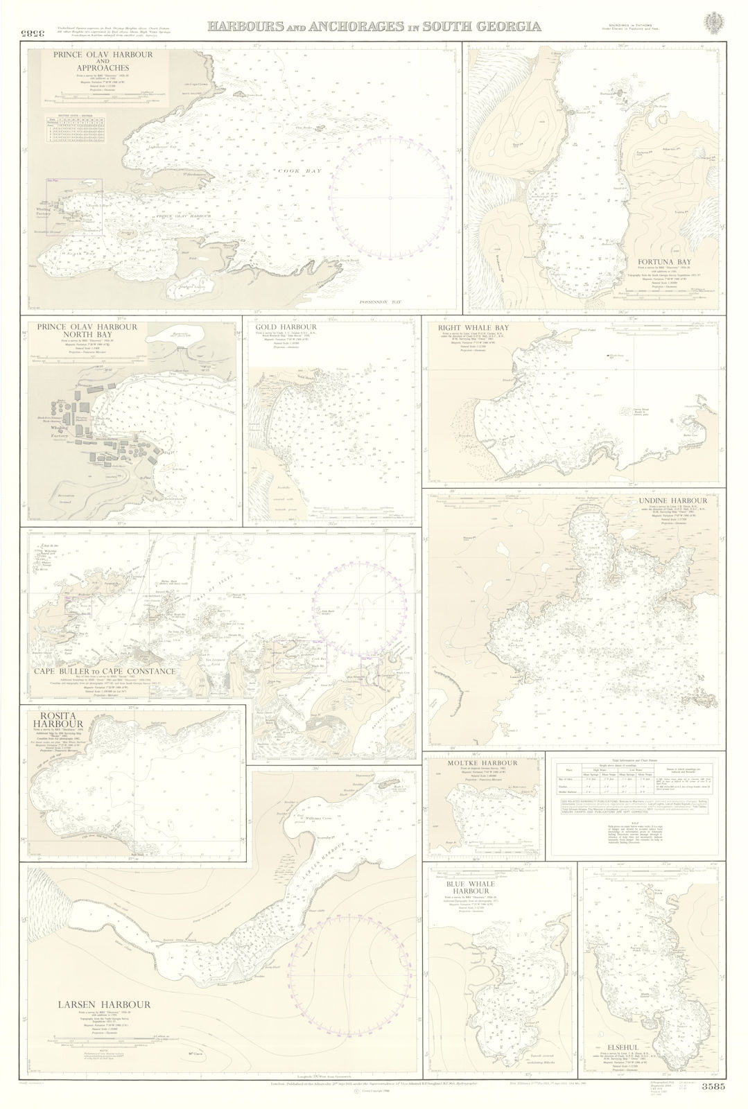 South Georgia Harbours & Anchorages. Admiralty sea chart #3585. 1931 (1986) map