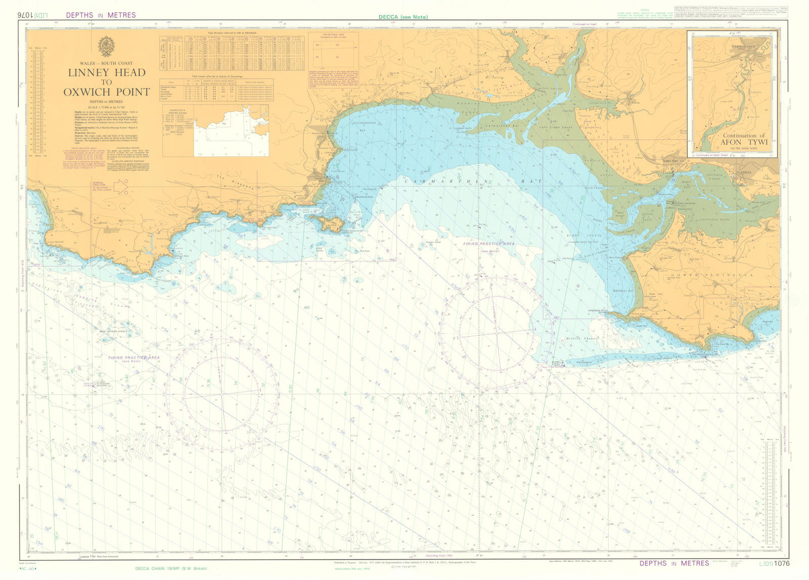 South Wales. Linney Head-Oxwich Point. Admiralty chart #1076. 1975 (1991) map