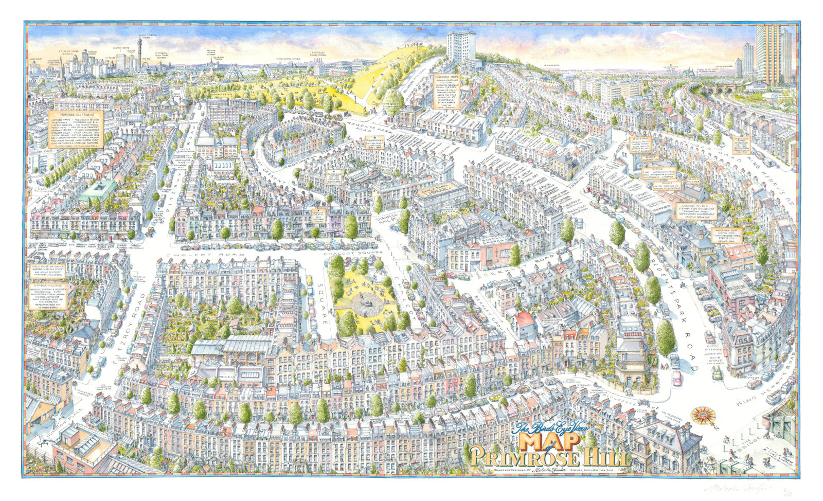 The Bird's-eye view map of Primrose Hill by Malcolm Fowler. 76x125cm 2005