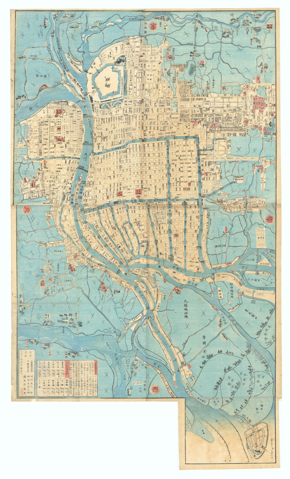 Large Osaka city plan by Kawachiya Tasuke & Itamiya Zenbe 117x69cm 1863 map