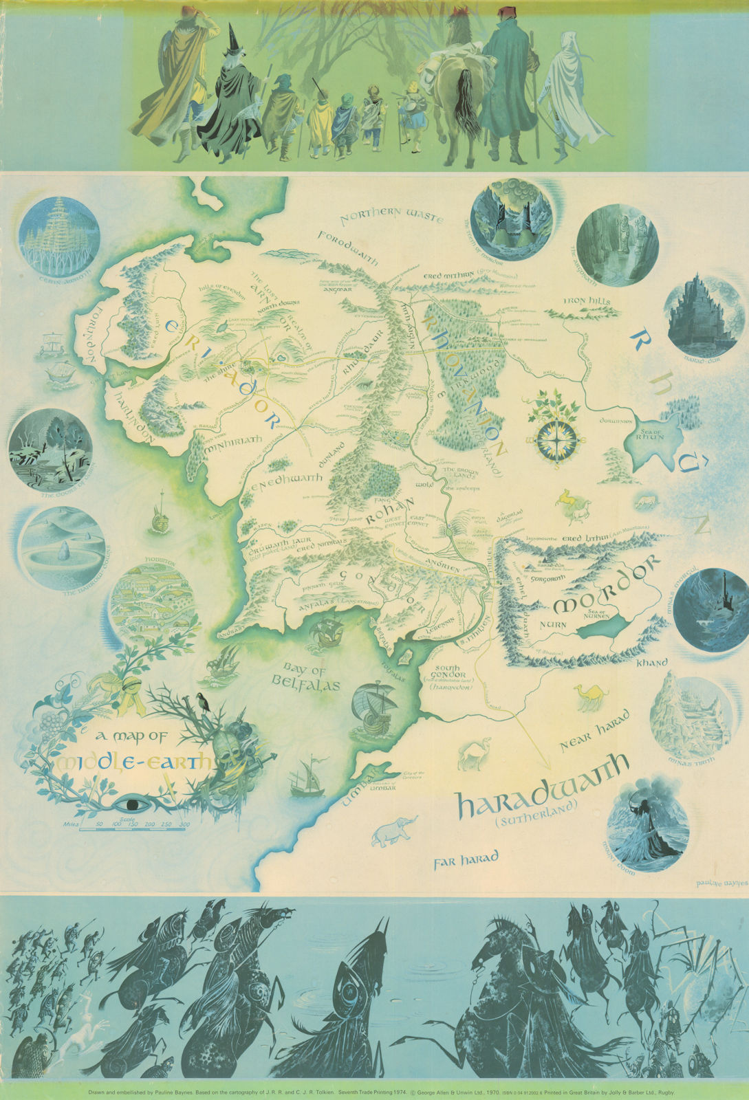 A map of Middle-earth by Pauline Baynes, JRR & CJR Tolkien. 73x50cm. 1974