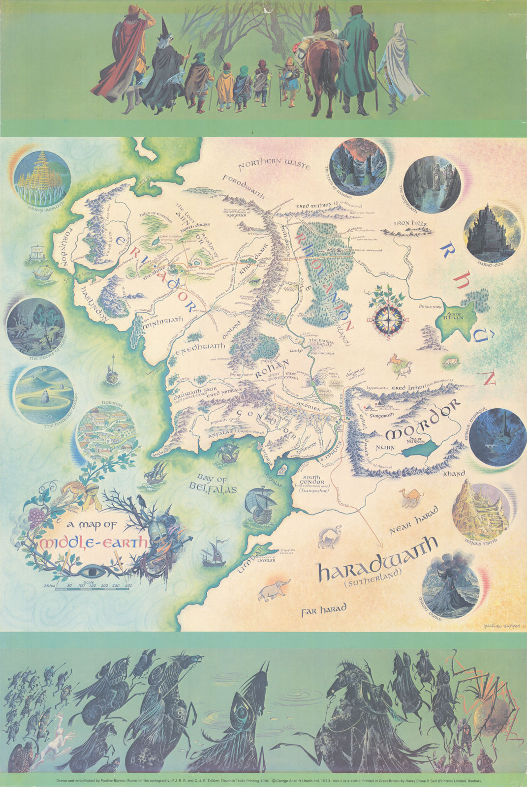 A map of Middle-earth by Pauline Baynes, JRR & CJR Tolkien. 73x50cm. 1970 (1980)