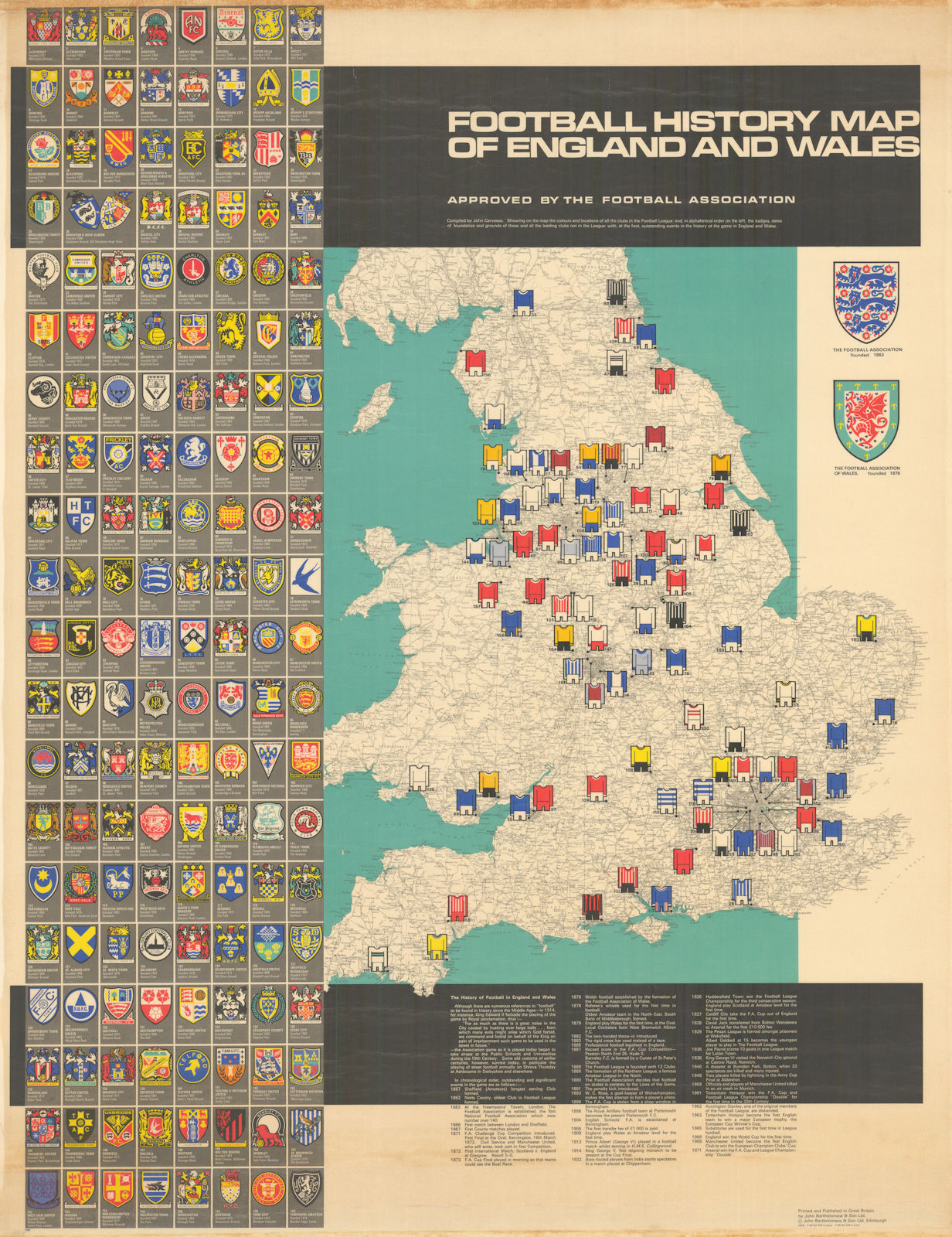 Football History Map of England & Wales. Football heritage map. 77x99cm 1971