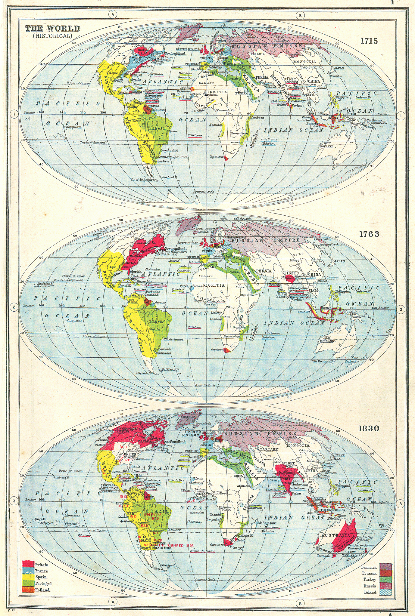 WORLD. Historical - in 1715, 1763 & 1830. 18th & 19th centuries 1920 old map