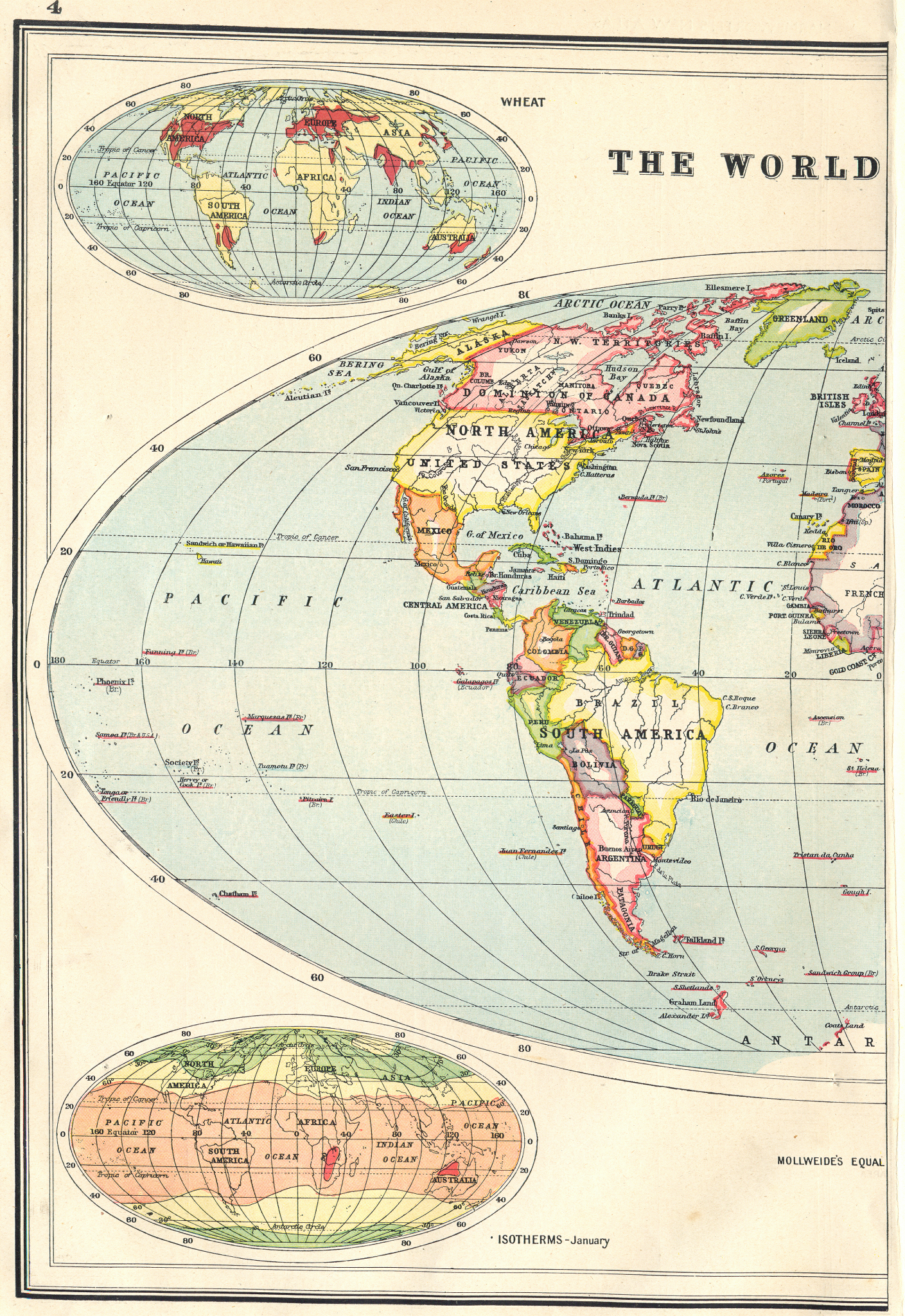 Associate Product WESTERN HEMISPHERE.Political.World wheat growing areas & Jan Isotherms 1920 map
