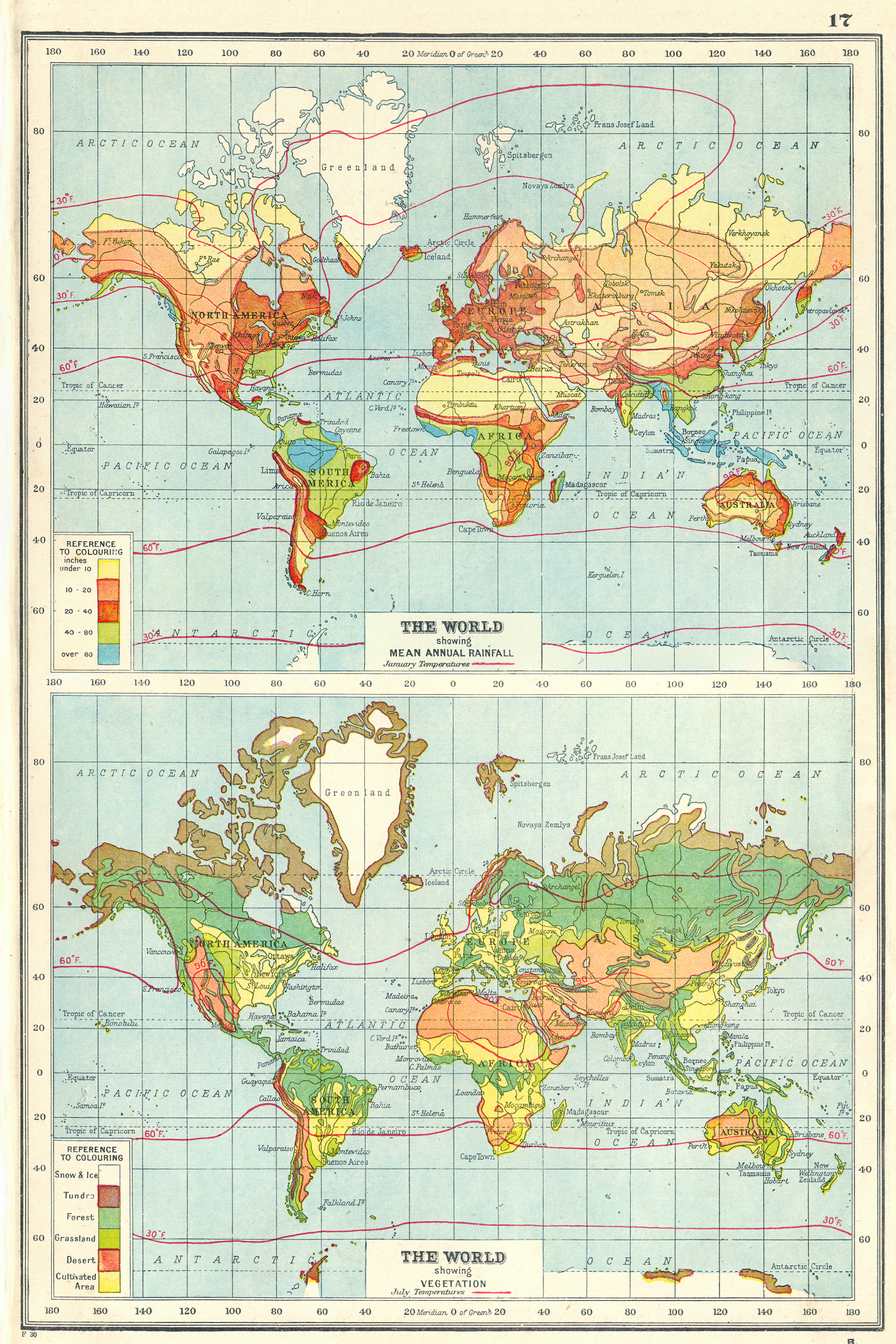 Associate Product WORLD. Showing Rainfall & Vegetation. Jan & July temperatures 1920 old map