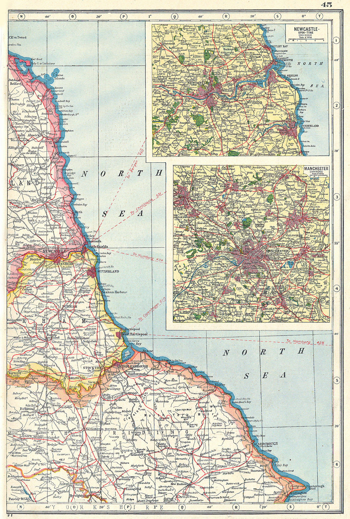 Associate Product NORTH EAST ENGLAND COAST. Durham Yorks Northumbs Newcastle-upon-Tyne 1920 map