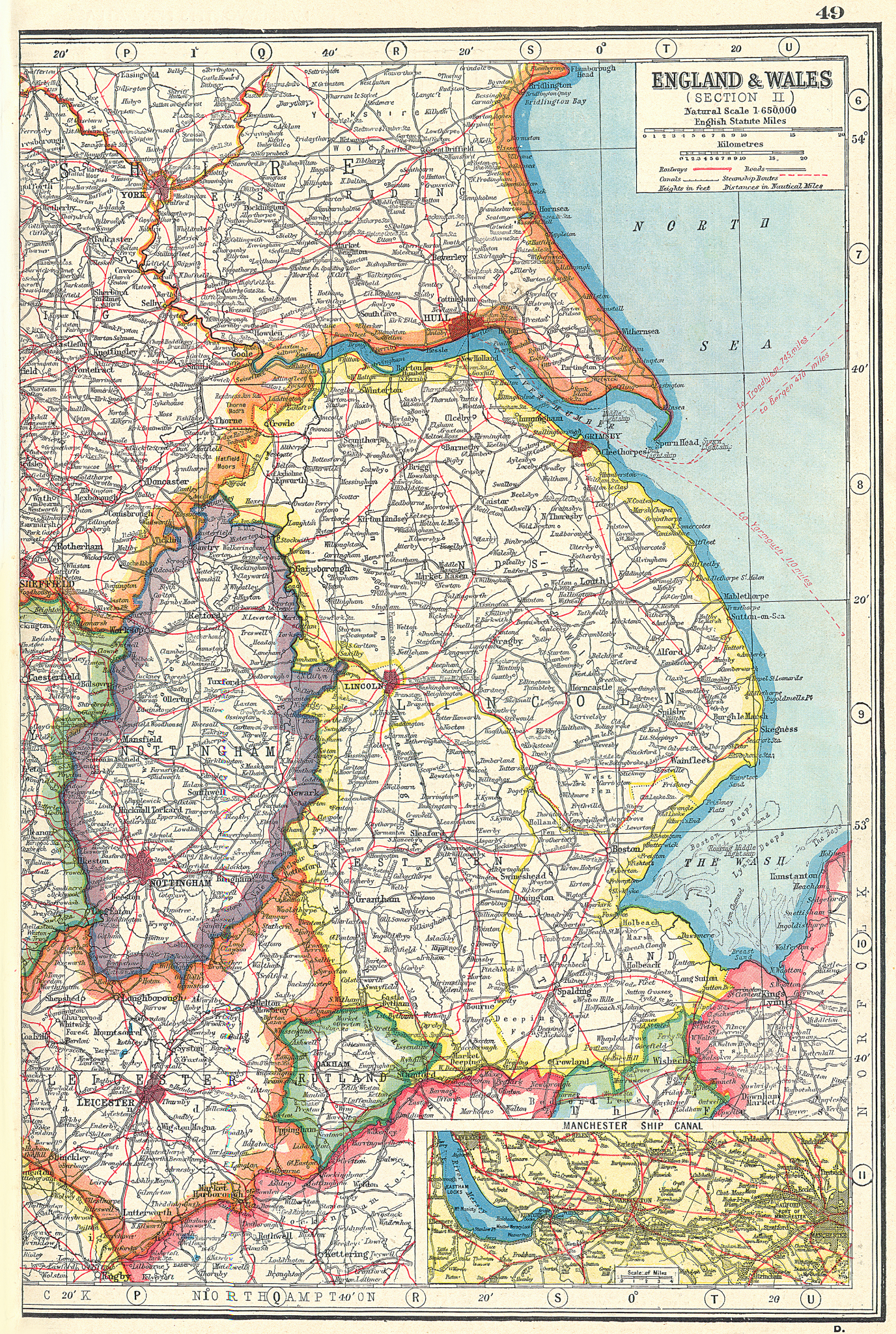 Associate Product EAST MIDLANDS.Lincolnshire Nottinghamshire Rutland.Manch'r Ship Canal 1920 map