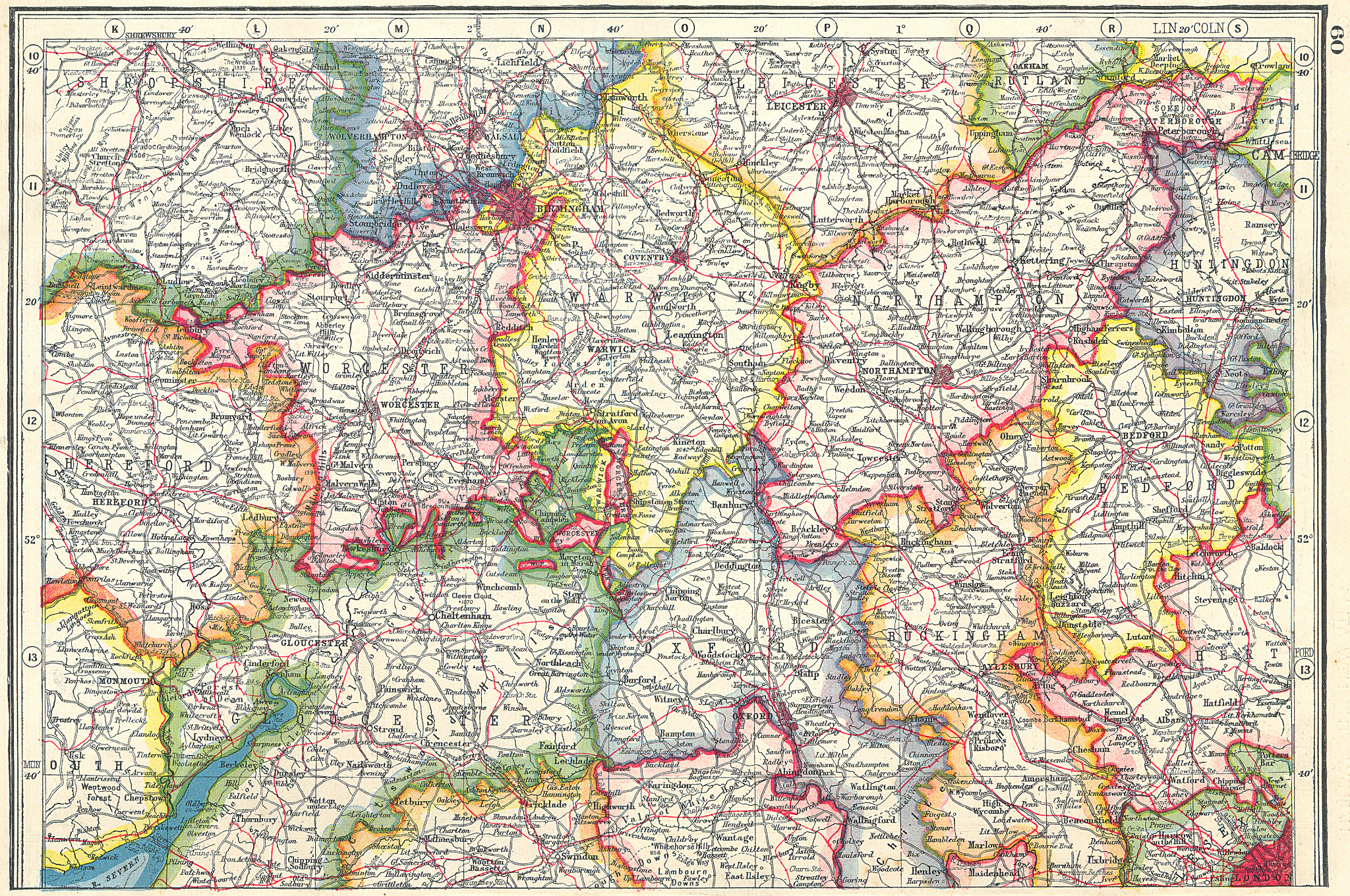 MIDLANDS. Worcestershire Warwickshire Northamptonshire Bedfordshire 1920 map
