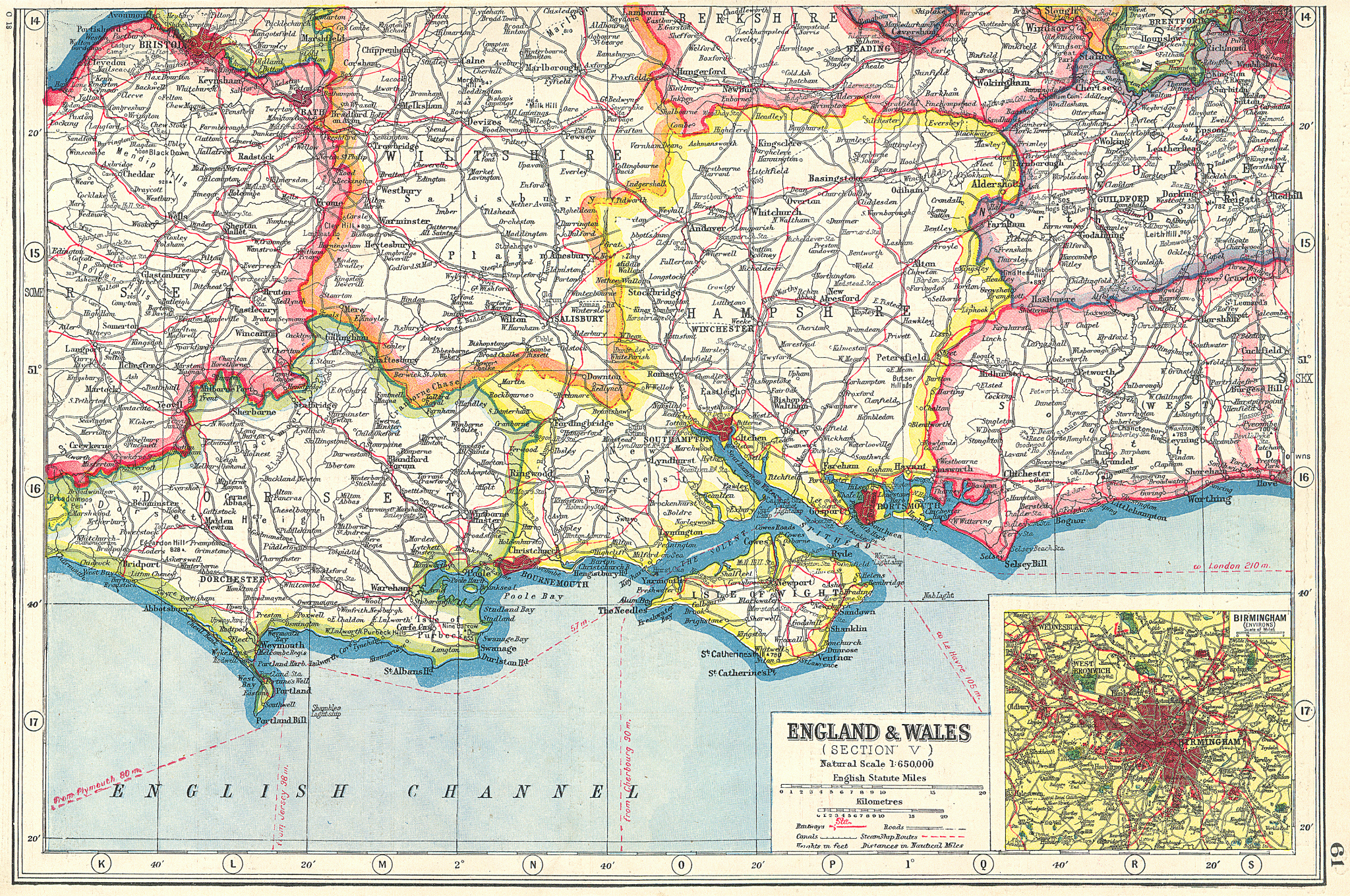 Associate Product ENGLAND SOUTH. hampshire Isle of Wight Dorset Sussex; Inset Birmingham 1920 map