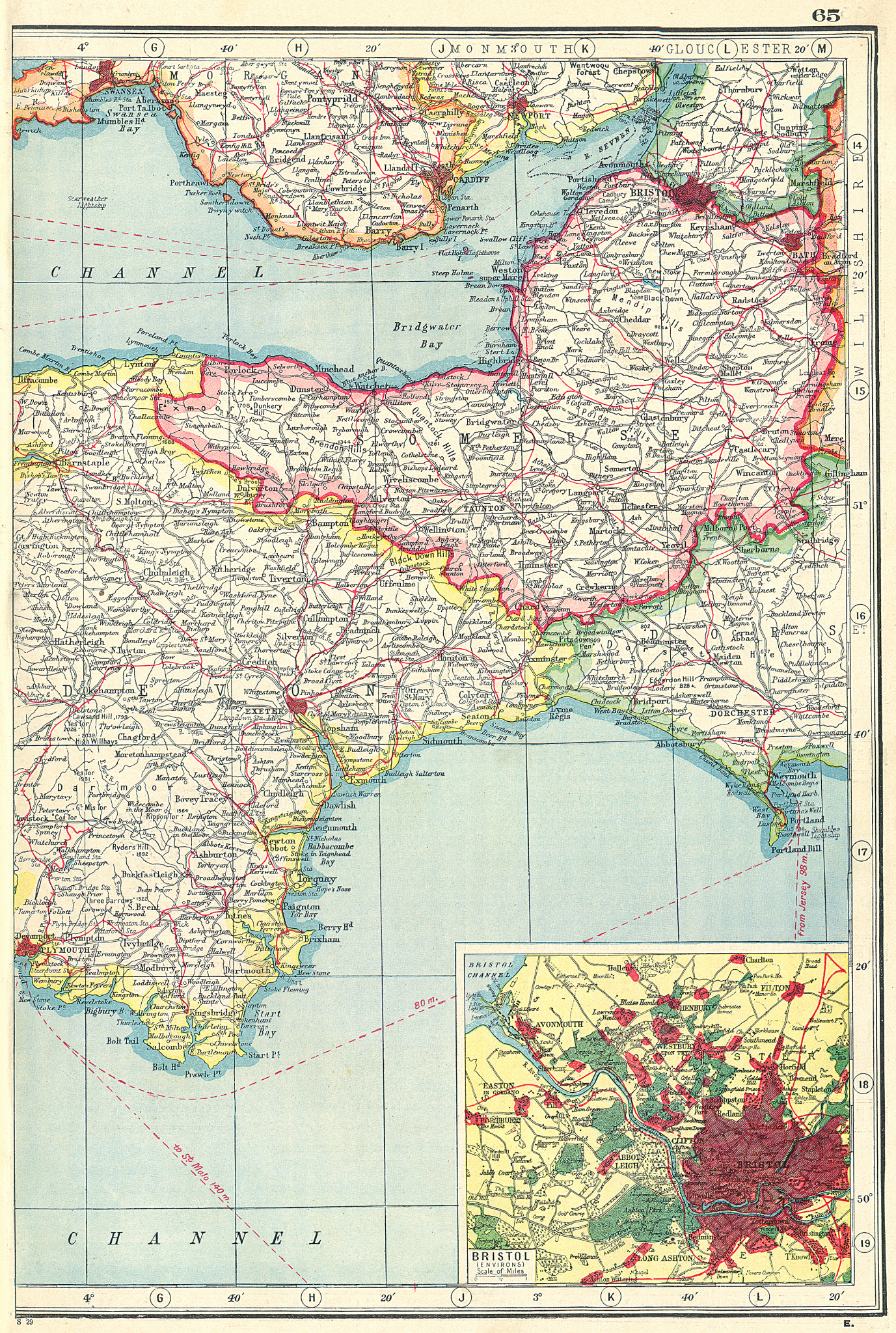 Associate Product SOUTH WEST ENGLAND. Somerset & part of Devon. Inset Bristol environs 1920 map