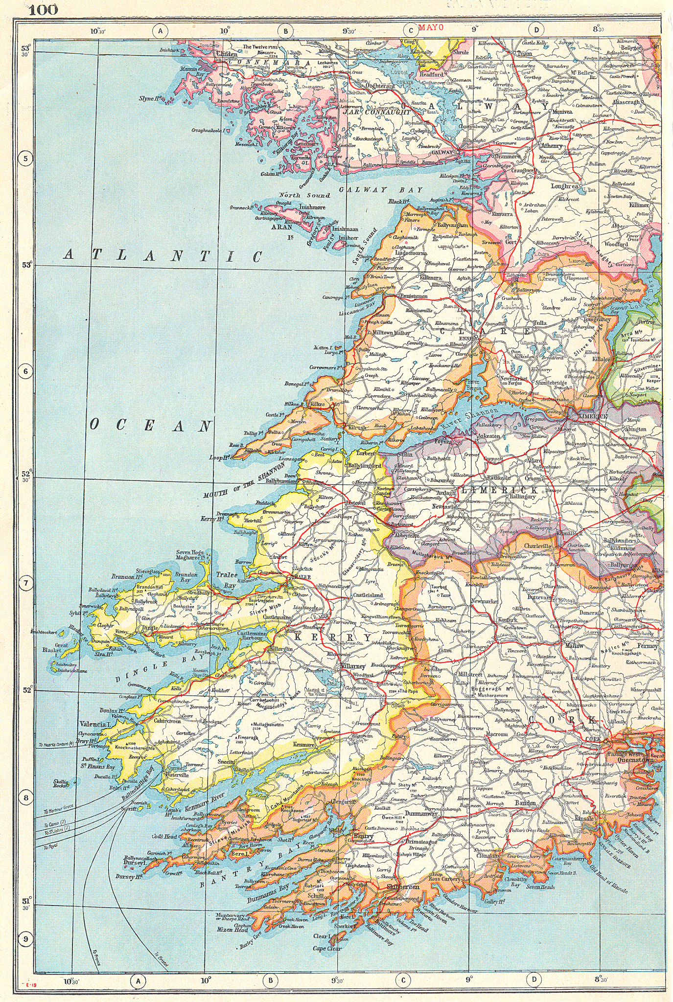 IRELAND SOUTH WEST. Cork Kerry Limerick Clare Galway. HARMSWORTH 1920 old map