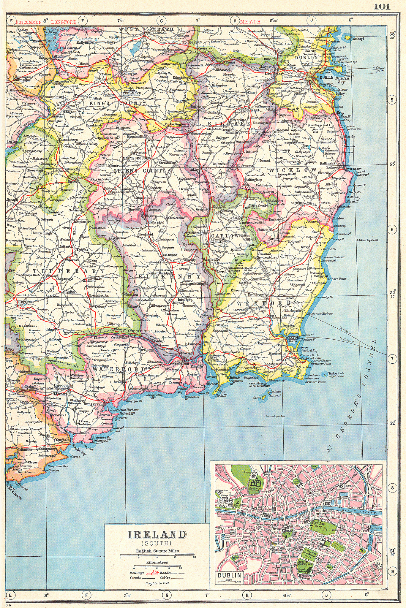 Associate Product IRELAND SOUTH EAST. Wexford Kilkenny Waterford Carlow &c. inset Dublin 1920 map