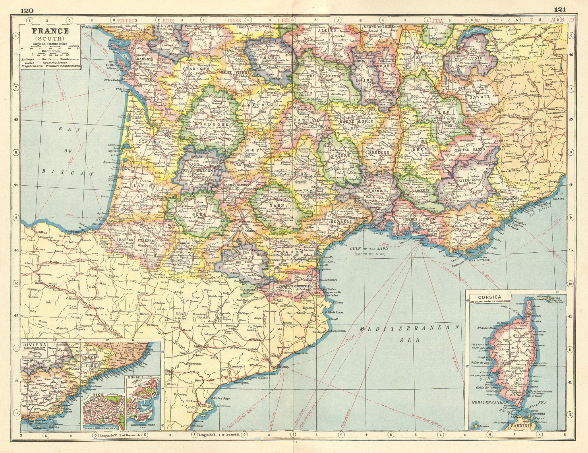 FRANCE SOUTH.Departments.Inset Riviera Cote D'Azur.Nice & Monaco plans 1920 map