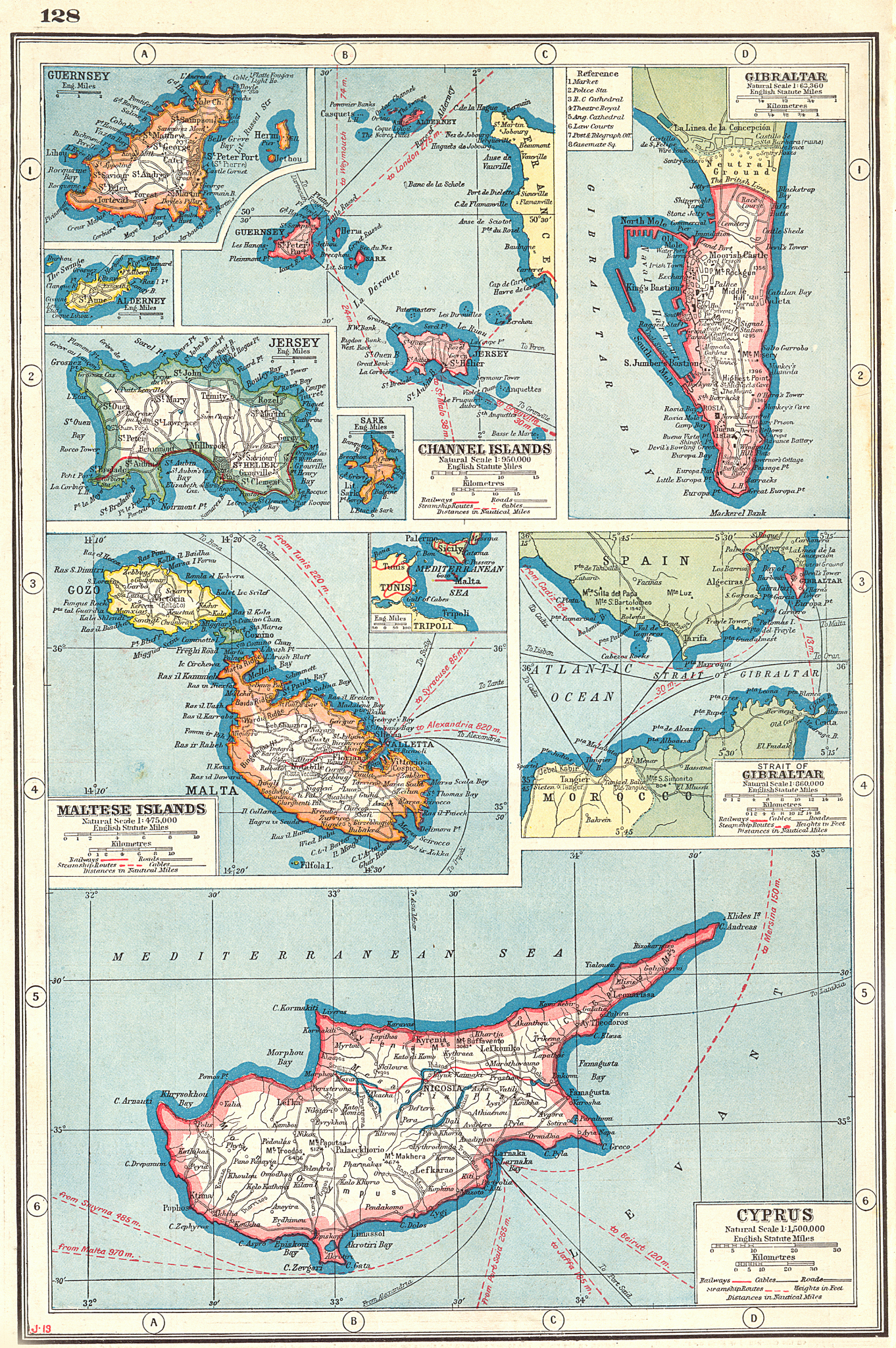 Associate Product BRITISH EUROPEAN POSSESSIONS. Malta Gibraltar Cyprus Guernsey Jersey 1920 map