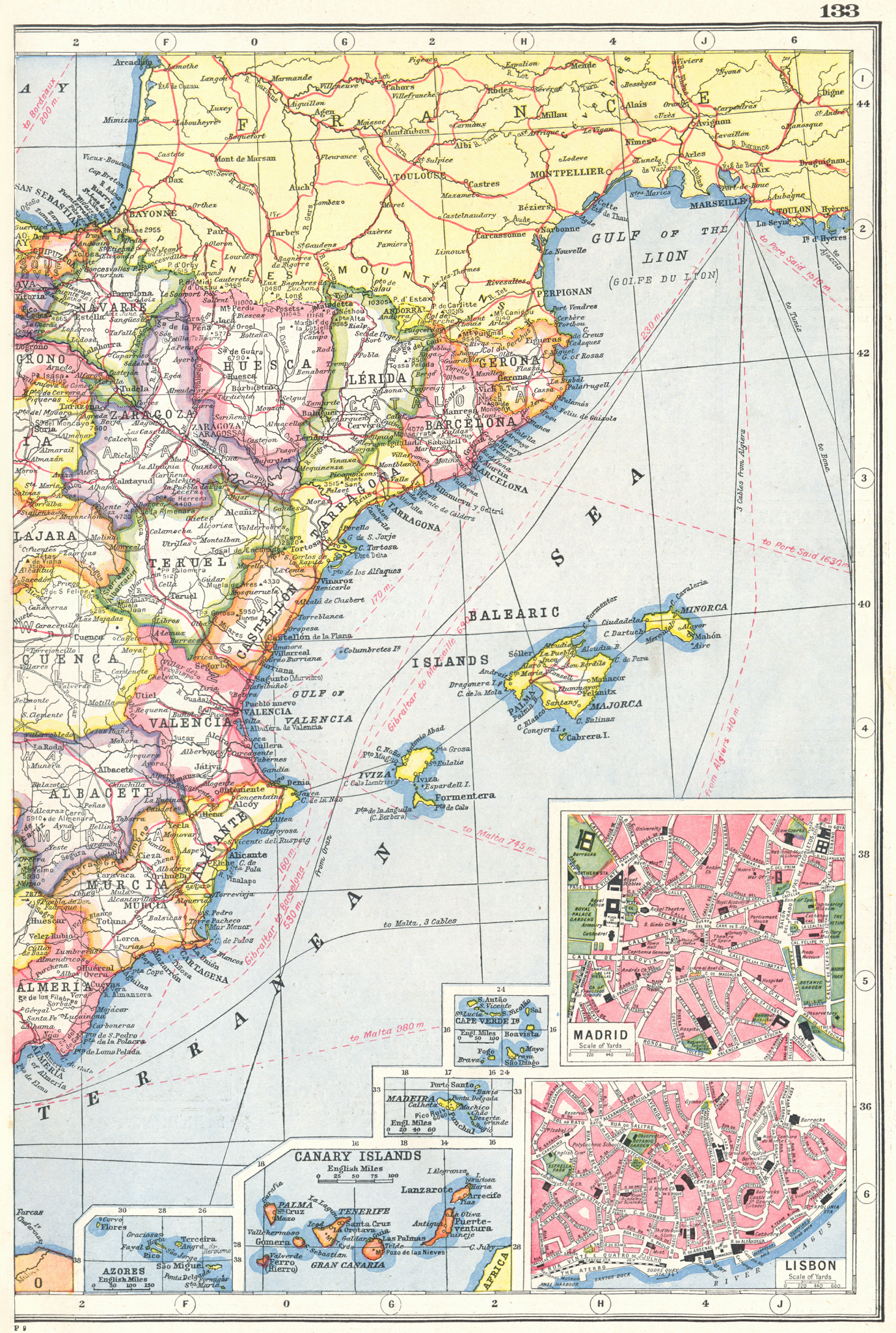 Associate Product SPAIN EAST. Inset Azores Canaries Madeira Cape Verde Madrid Lisbon 1920 map
