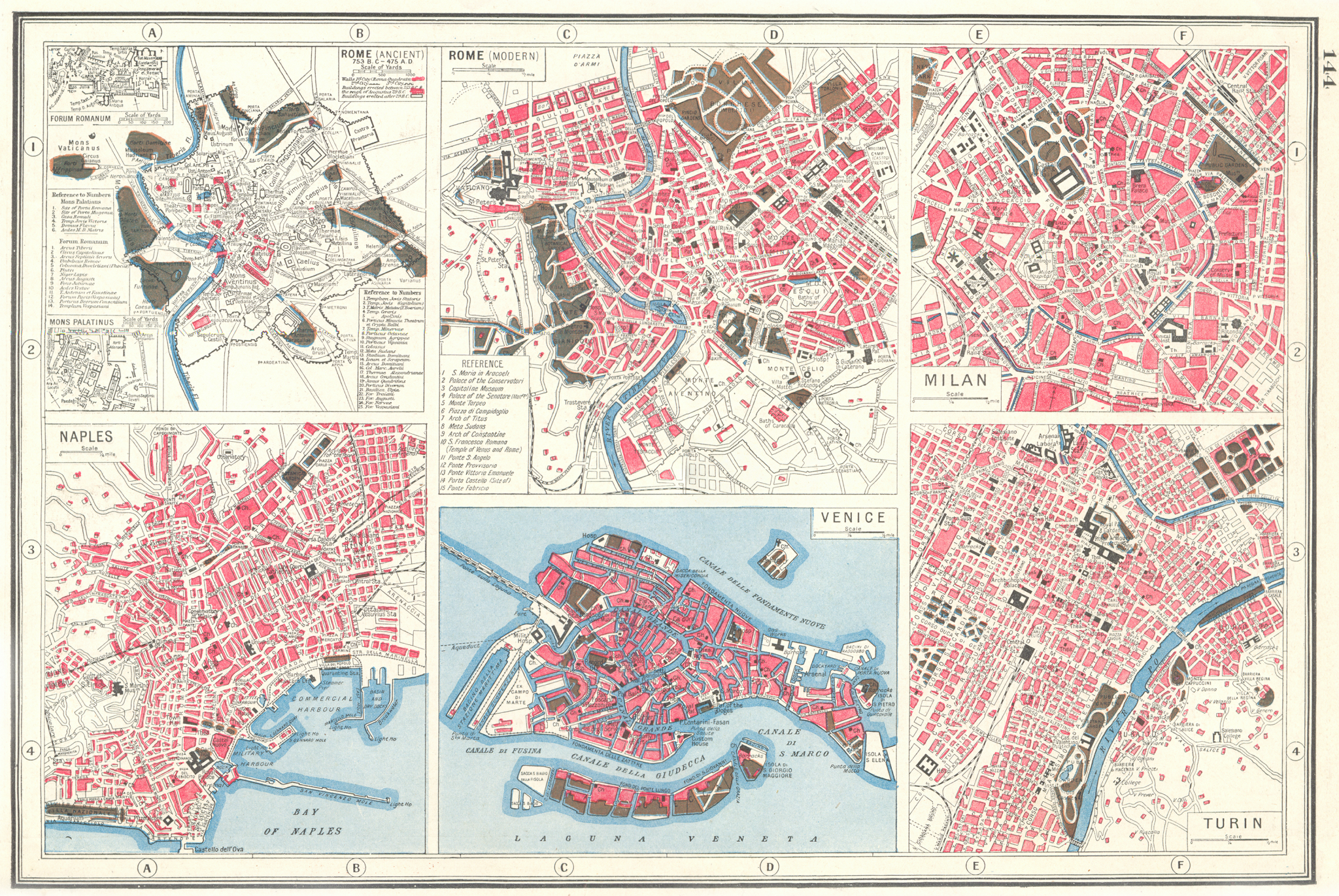 Associate Product ITALY CITIES. Rome Ancient & Modern Naples Milan Venice & Turin plans 1920 map