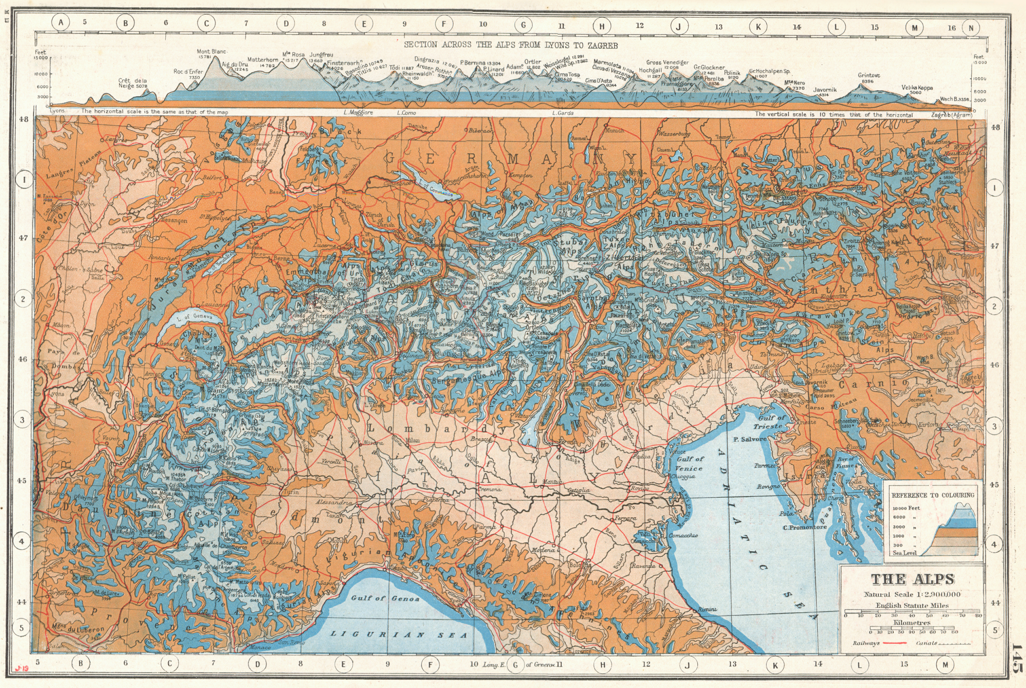 Associate Product THE ALPS.Europe.Section from Lyons-Zagreb. France Italy Switzerland &c 1920 map