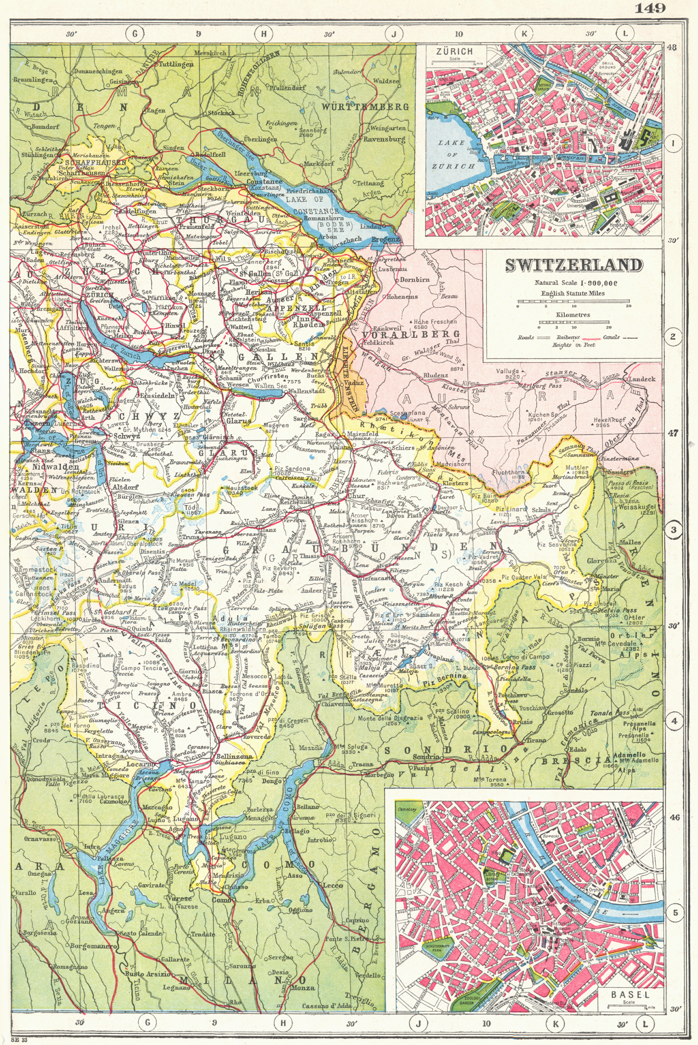Associate Product SWITZERLAND EAST. inset plans of Zurich & Basel Basle. HARMSWORTH 1920 old map