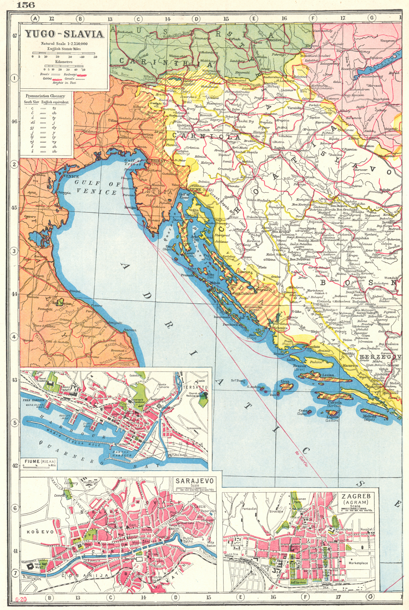 Associate Product YUGOSLAVIA WEST. Croatia Slovenia Bosnia; Inset Rijeka Sarajevo Zagreb 1920 map