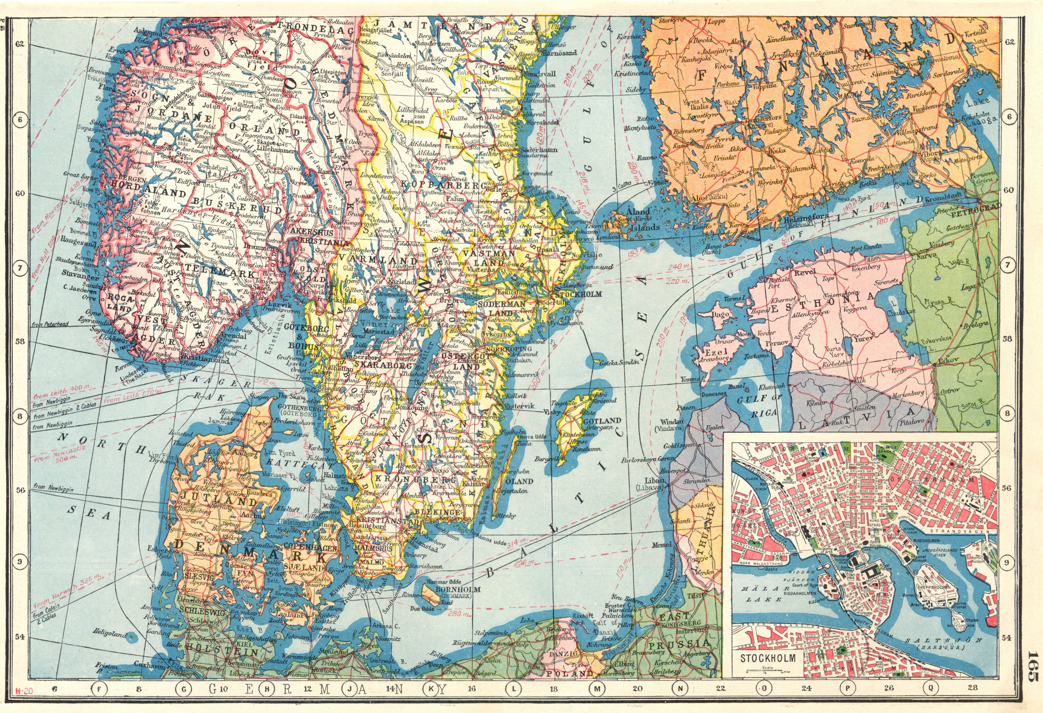 SCANDINAVIA.Norway Sweden South. Denamrk. Estonia; inset Stockholm 1920 map