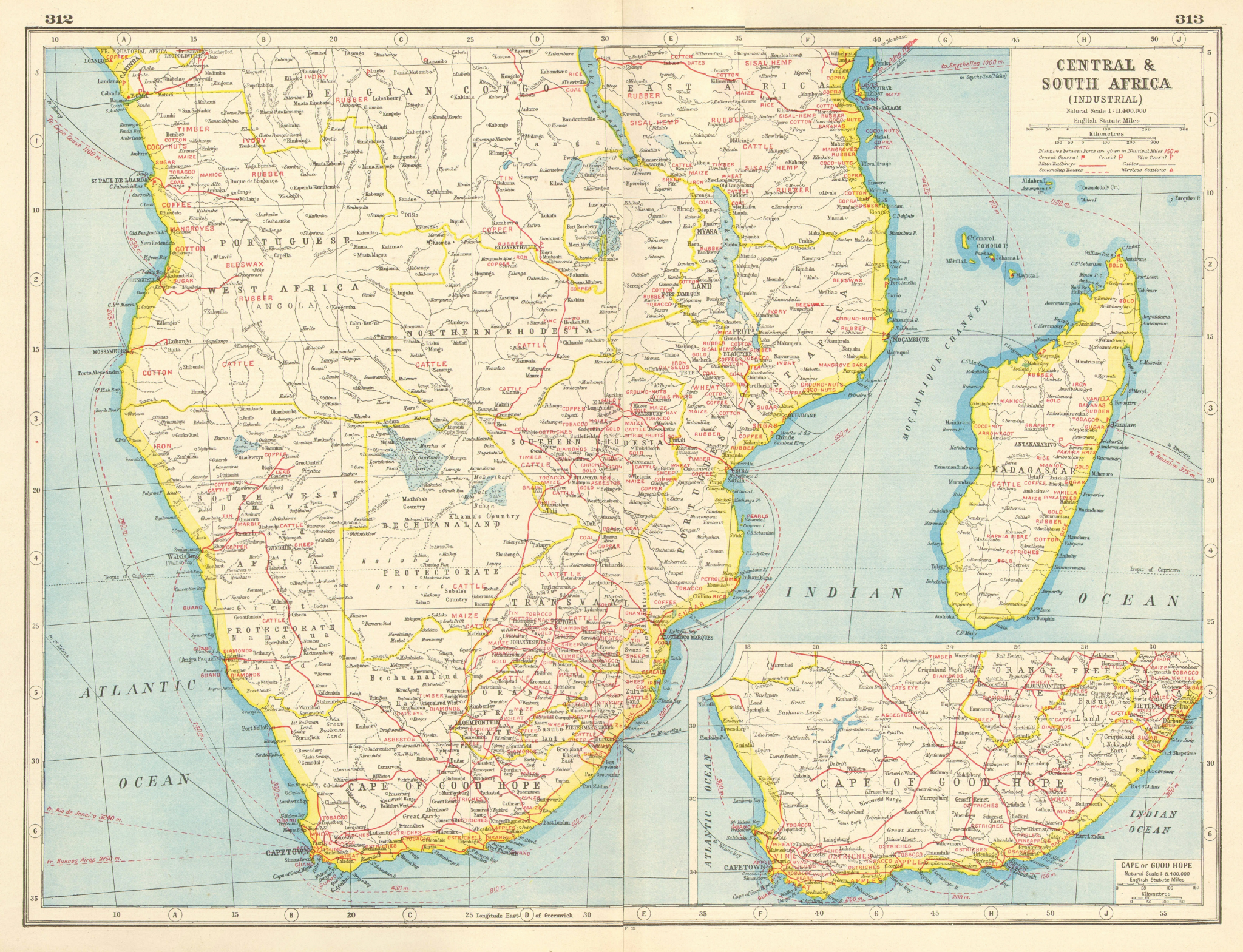 Associate Product SOUTHERN AFRICA AGRICULTURAL/MINERAL PRODUCTS. Diamonds Gold Ivory &c 1920 map