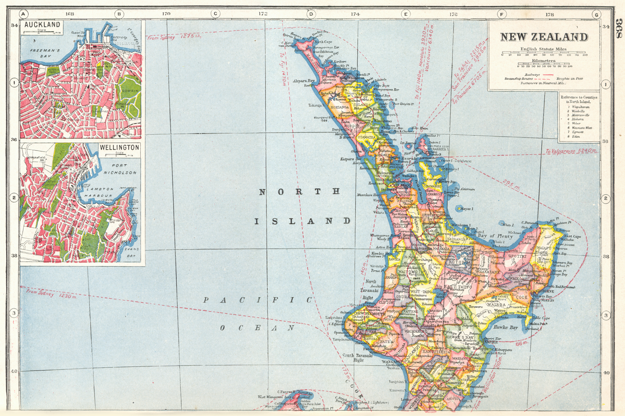 Associate Product NEW ZEALAND NORTH ISLAND.Inset plans of Auckland & Wellington.Counties 1920 map