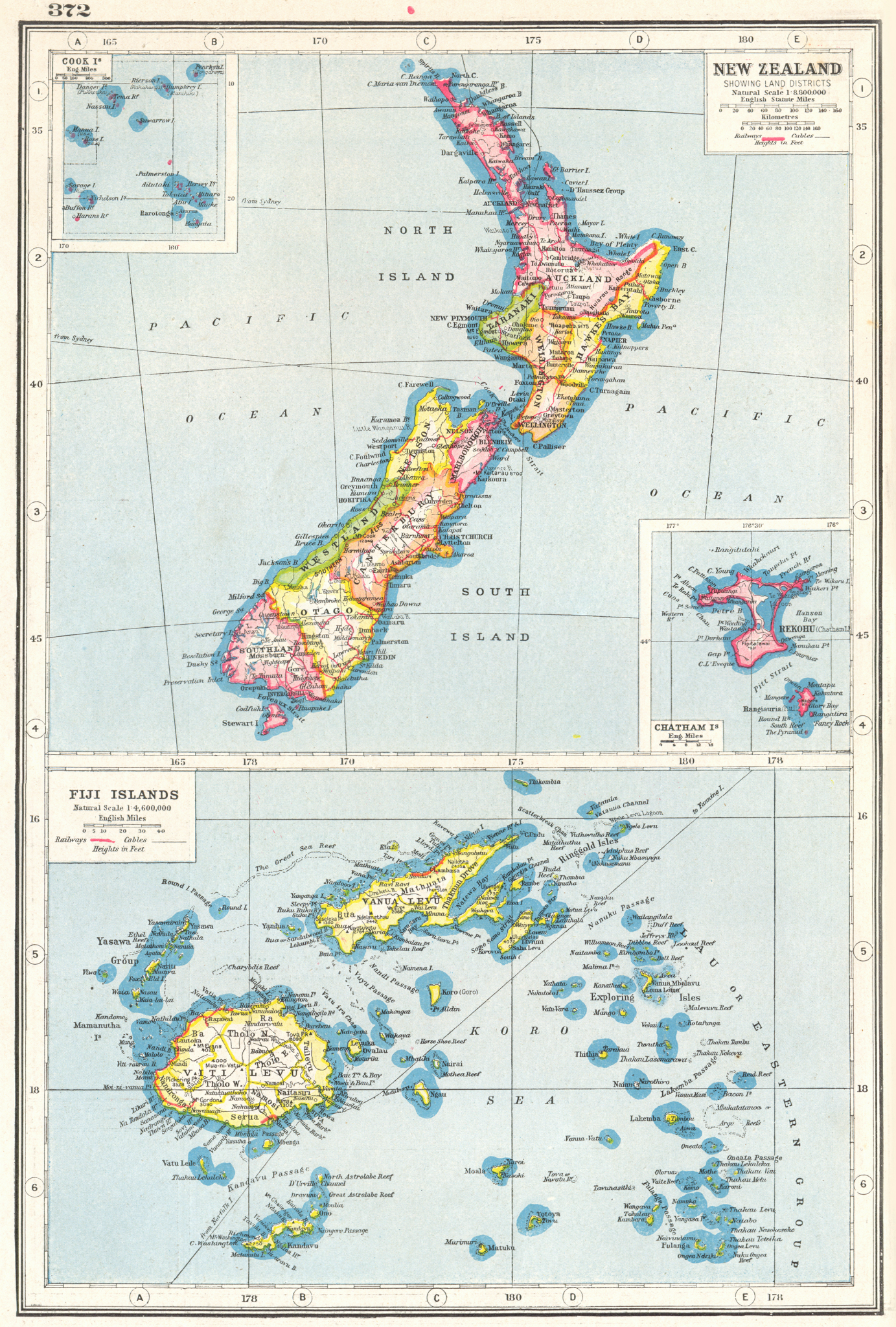 Associate Product NEW ZEALAND. showing Land districts; Fiji Cook Chatham islands. Rail. 1920 map