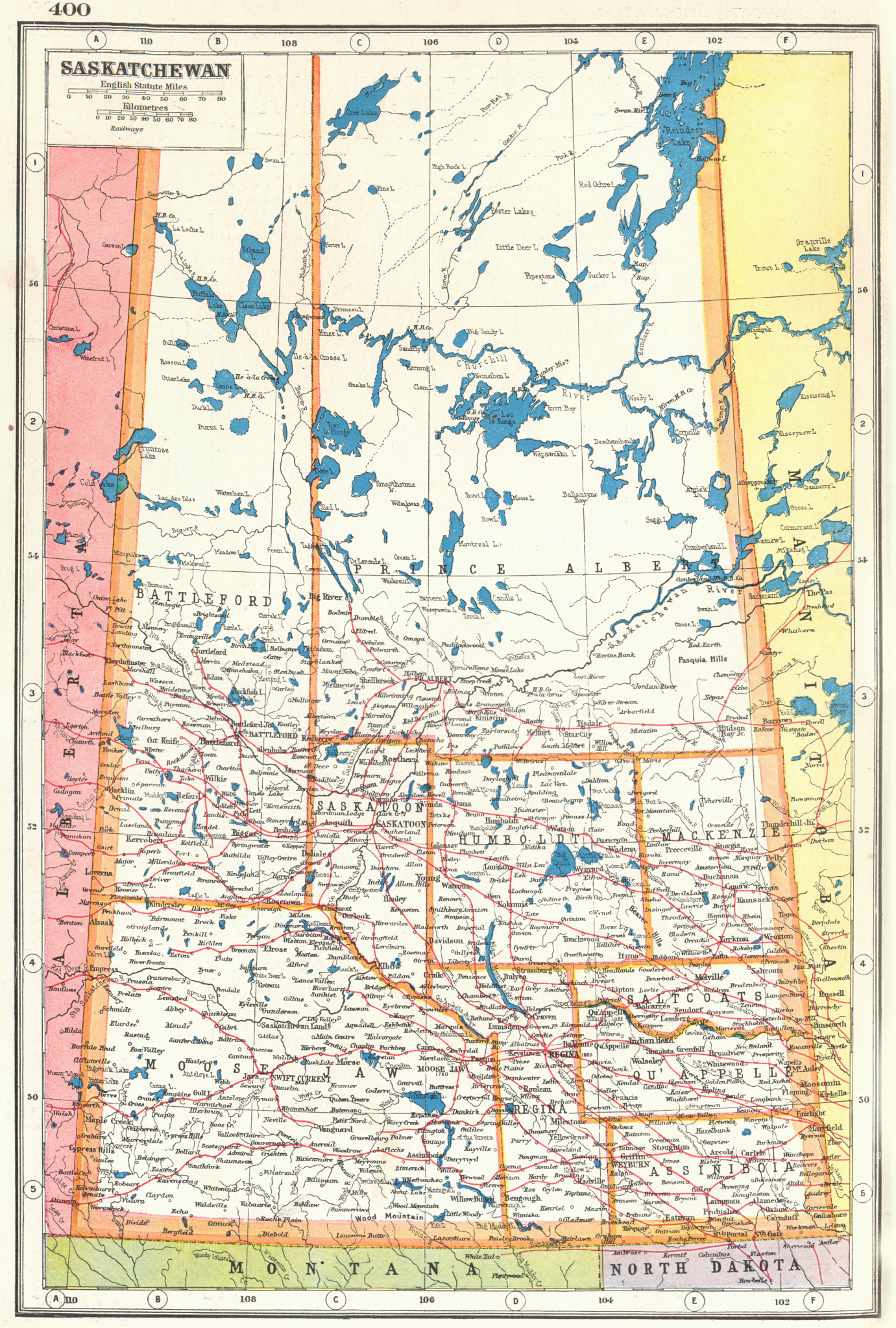 Associate Product SASKATCHEWAN. Showing railways. Canada. HARMSWORTH 1920 old antique map chart