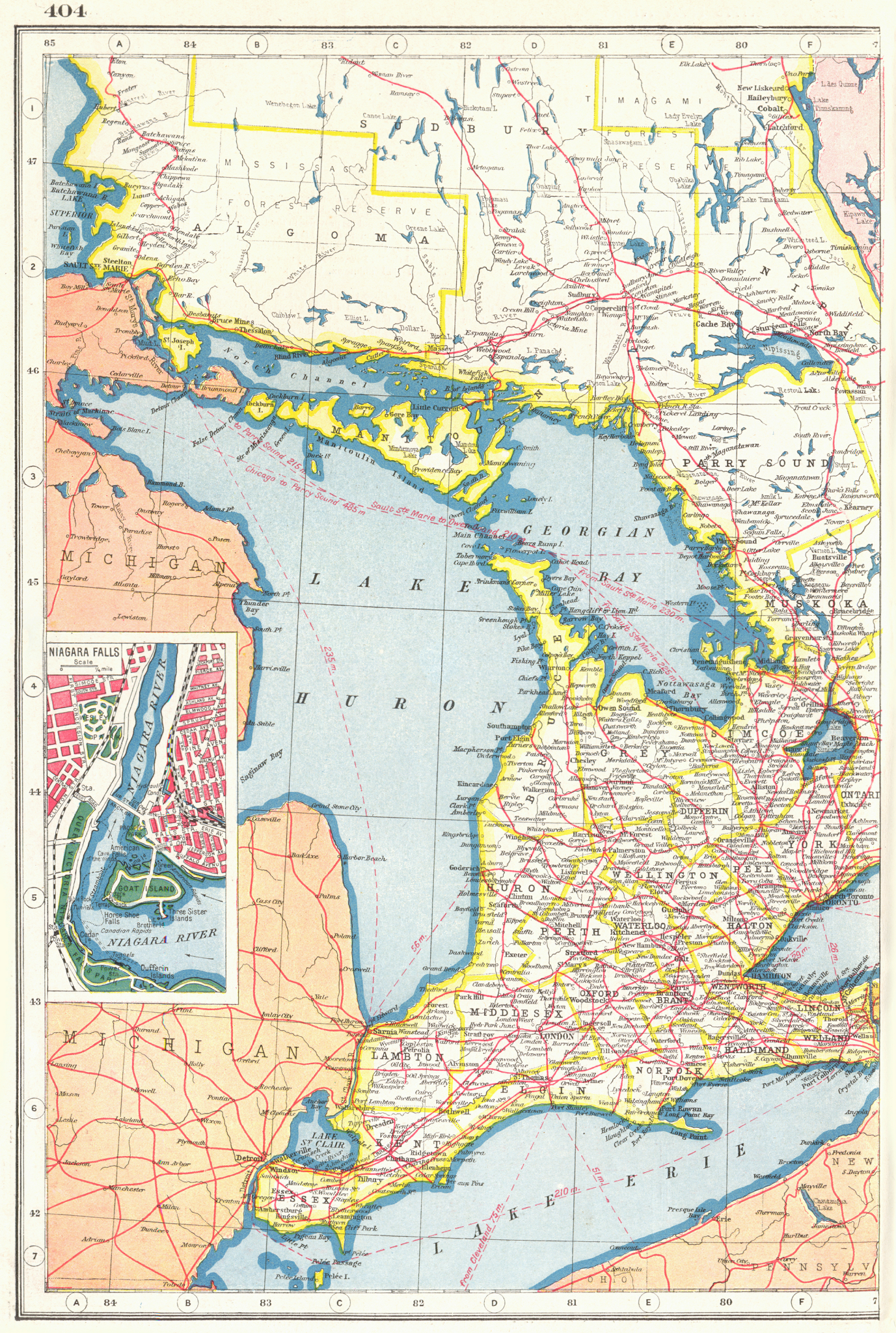 Associate Product ONTARIO WEST. Great Lakes. Huron Erie Georgian Bay. Niagara Falls plan 1920 map