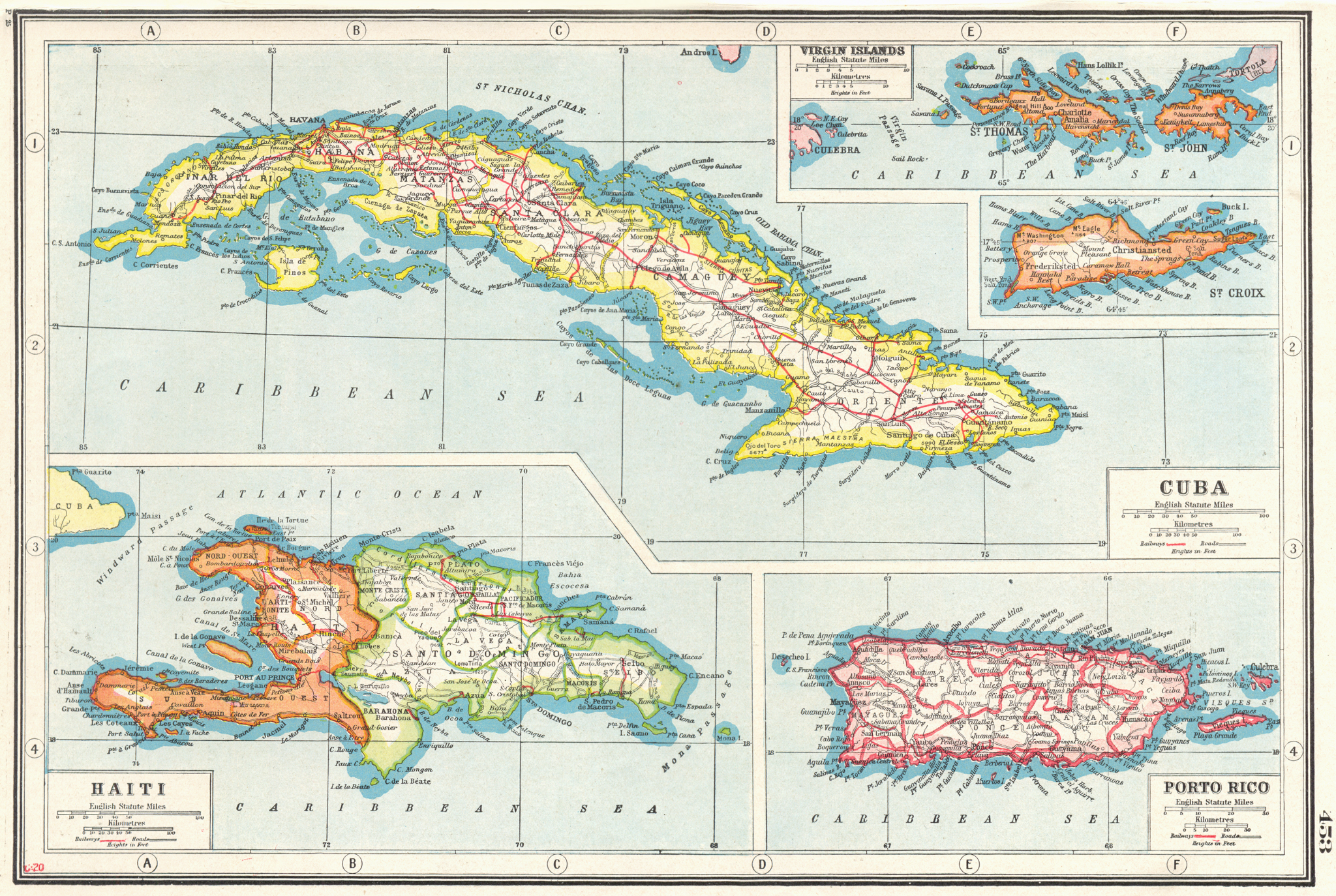 Associate Product WEST INDIES.Cuba Puerto Rico Hispaniola Virgin Islands St Croix Haiti 1920 map