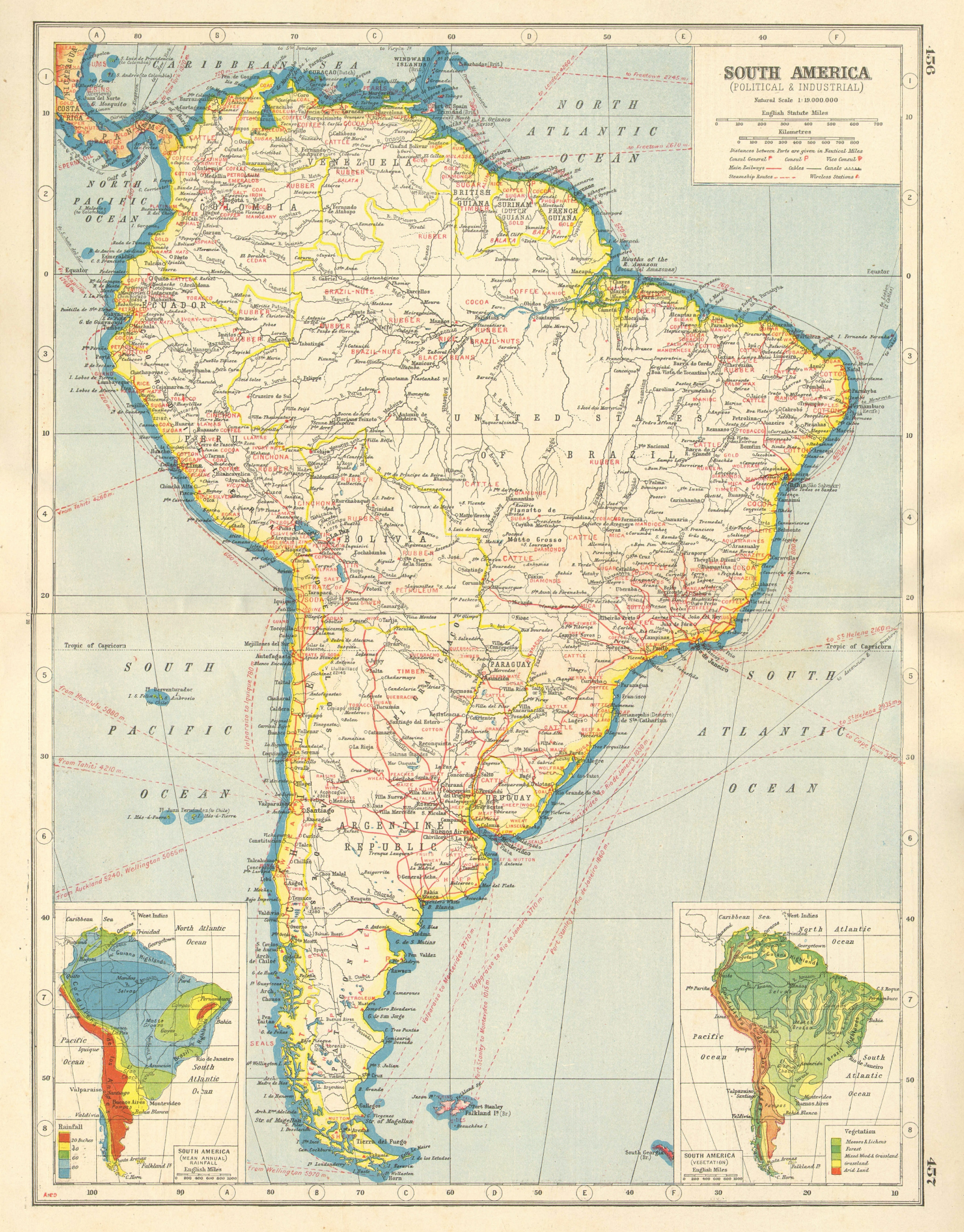 Associate Product SOUTH AMERICA. Political & Industrial; Rainfall Vegetation. HARMSWORTH 1920 map