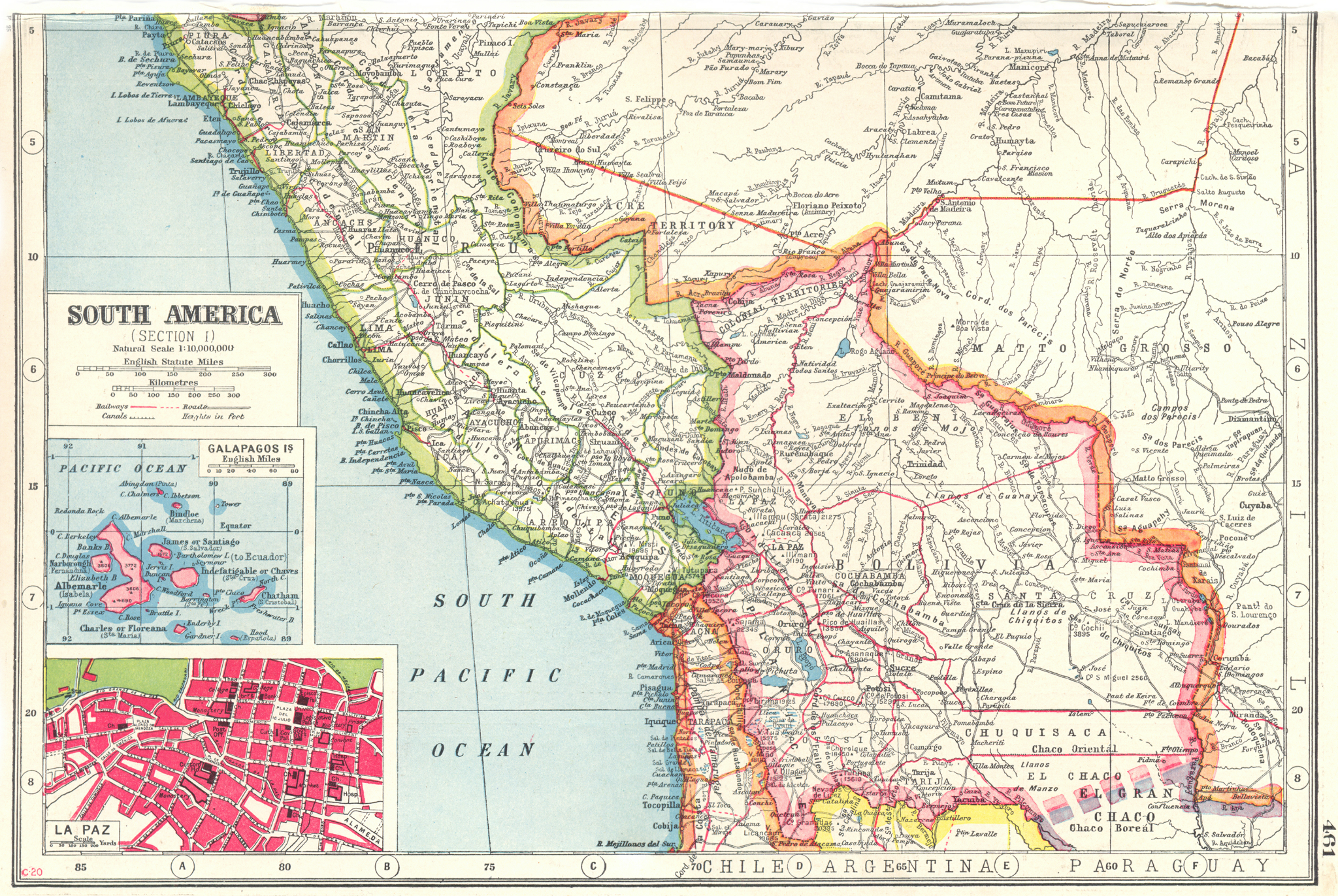 Associate Product BOLIVIA & COASTAL PERU. inset Galapagos lslands & plan of La Paz 1920 old map