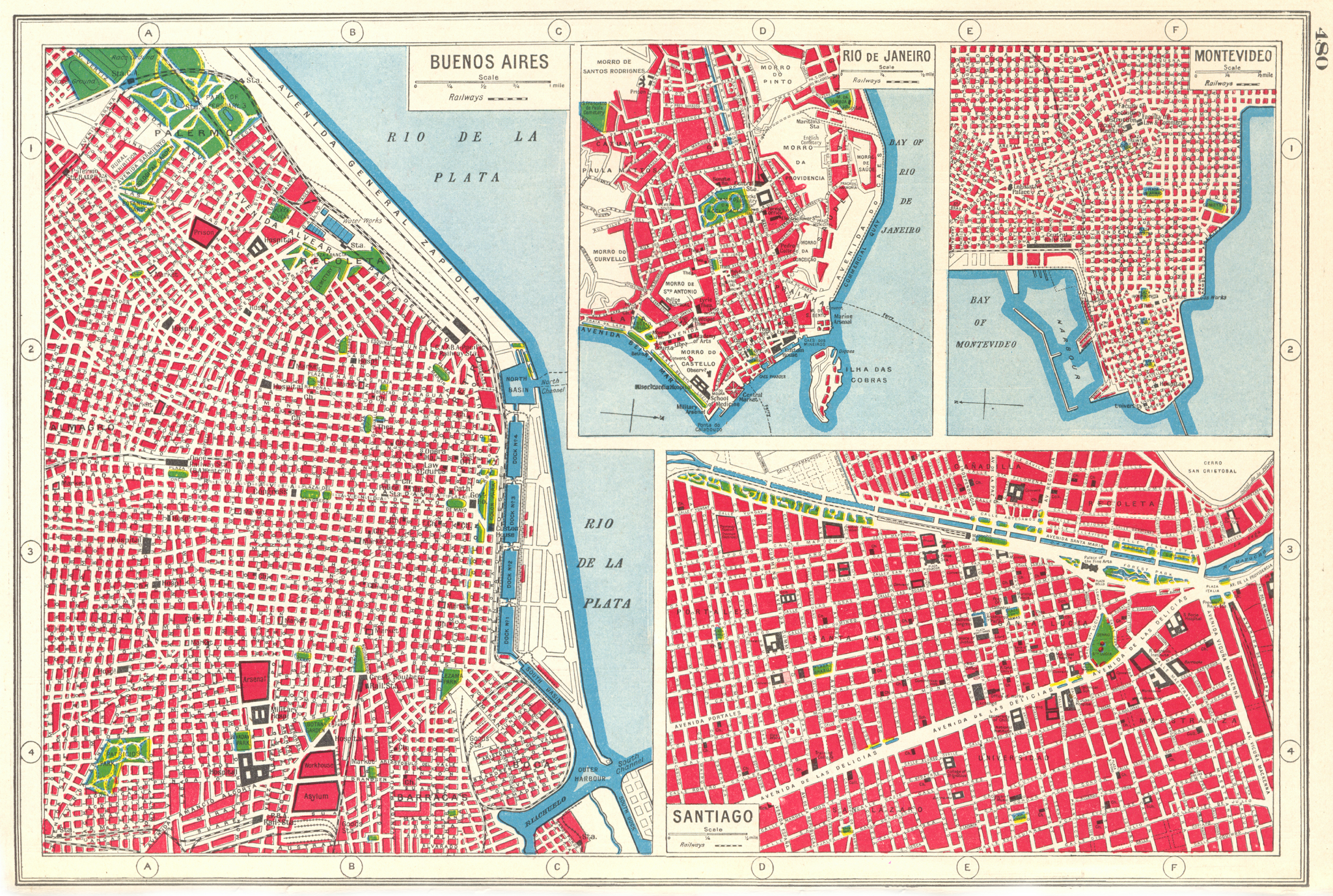 Associate Product SOUTH AMERICAN CITIES. Buenos Aires Rio de Janeiro Montevideo Santiago 1920 map