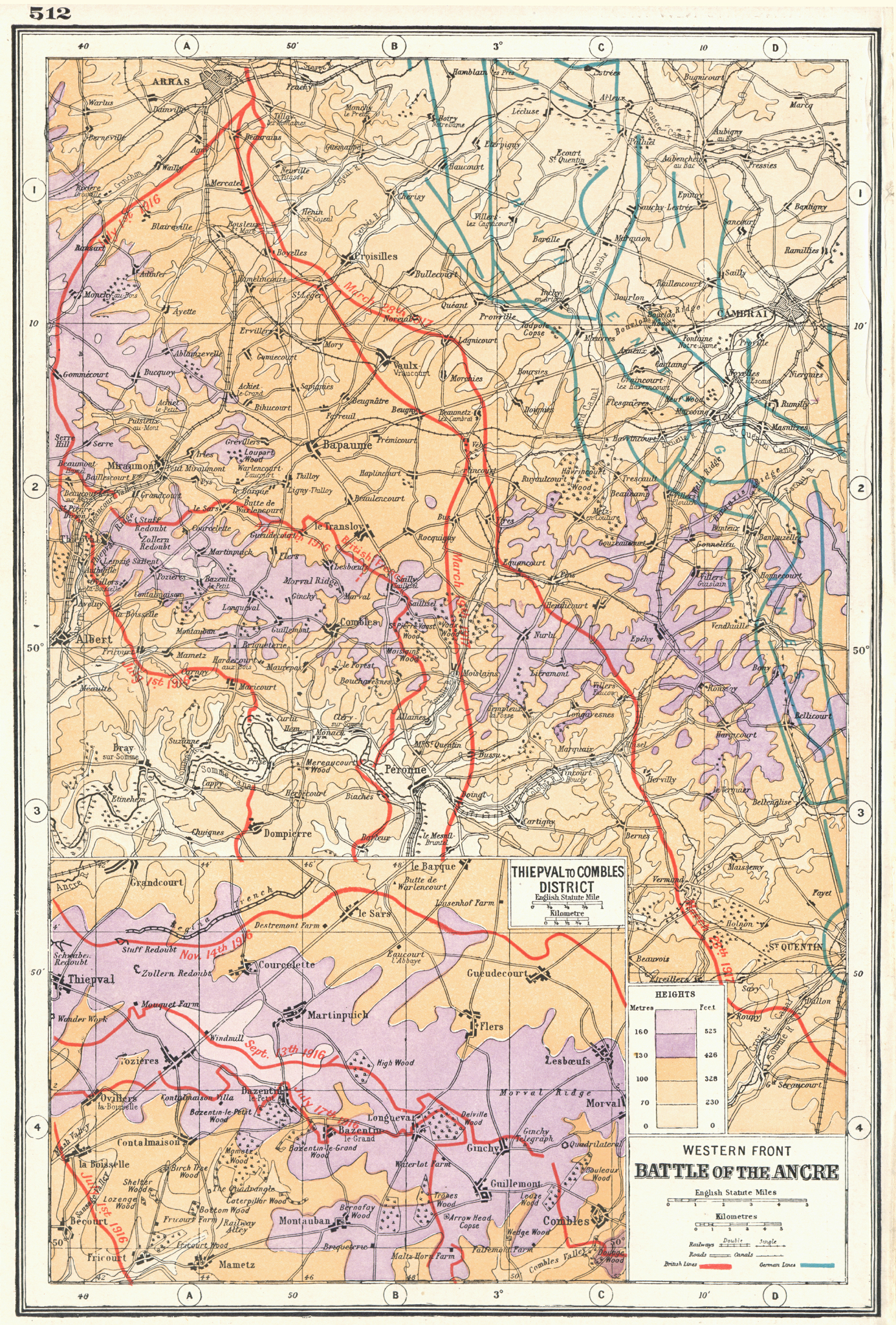 WW1.Western Front battle lines. Ancre;Thiepval to Combles. 1916-17 1920 map