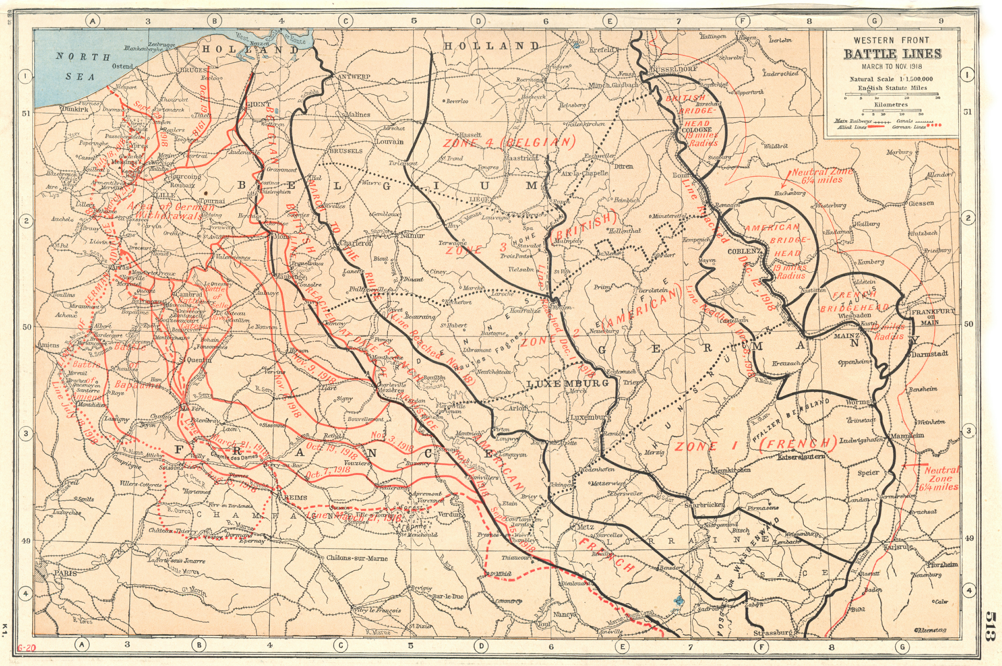Associate Product WORLD WAR 1.Western Front Battle lines March-Nov 1918. Belgium France 1920 map