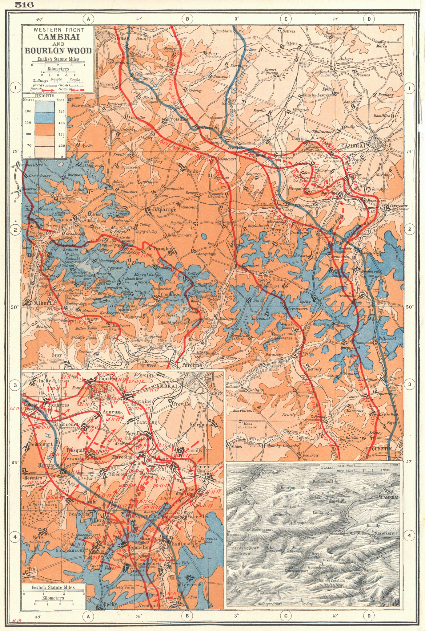 Associate Product WORLD WAR 1.Western Front Cambrai & Bourlon wood battle lines 1916-17 1920 map