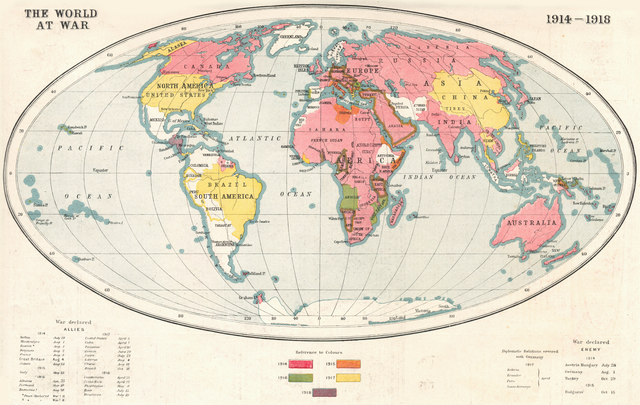 Associate Product FIRST WORLD WAR.World at War 1914-1918; shows year of entry into war 1920 map