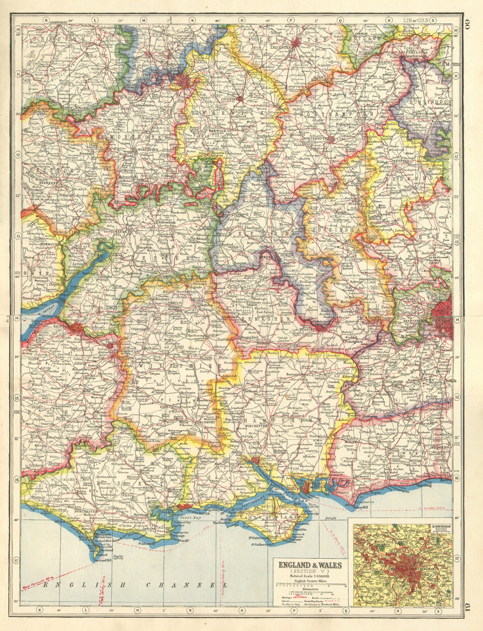 Associate Product ENGLAND SOUTH & MIDLANDS. Inset Birmingham. HARMSWORTH 1920 old antique map