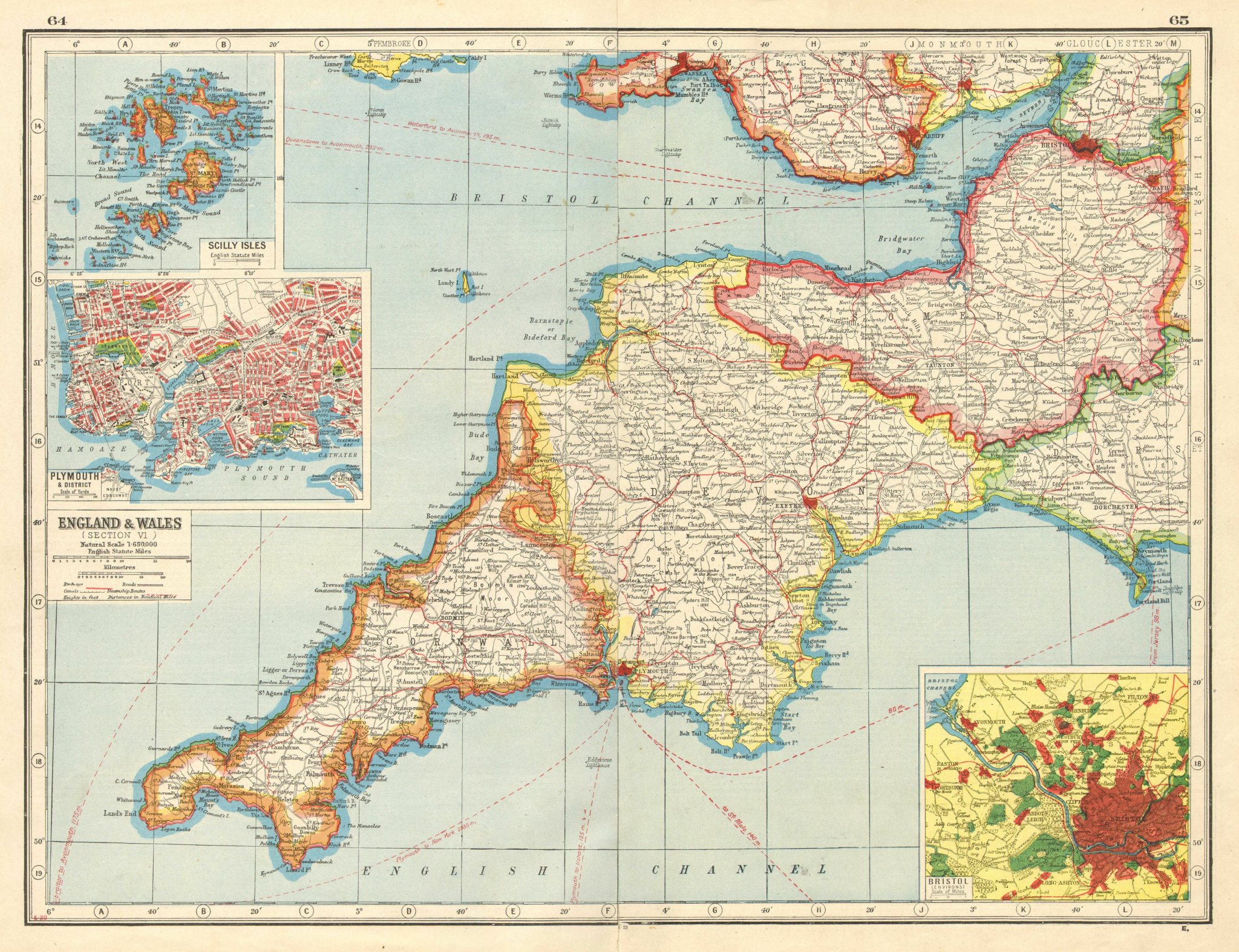 Associate Product SOUTH WEST ENGLAND. Devon Cornwall Somerset. Inset Plymouth & Bristol  1920 map