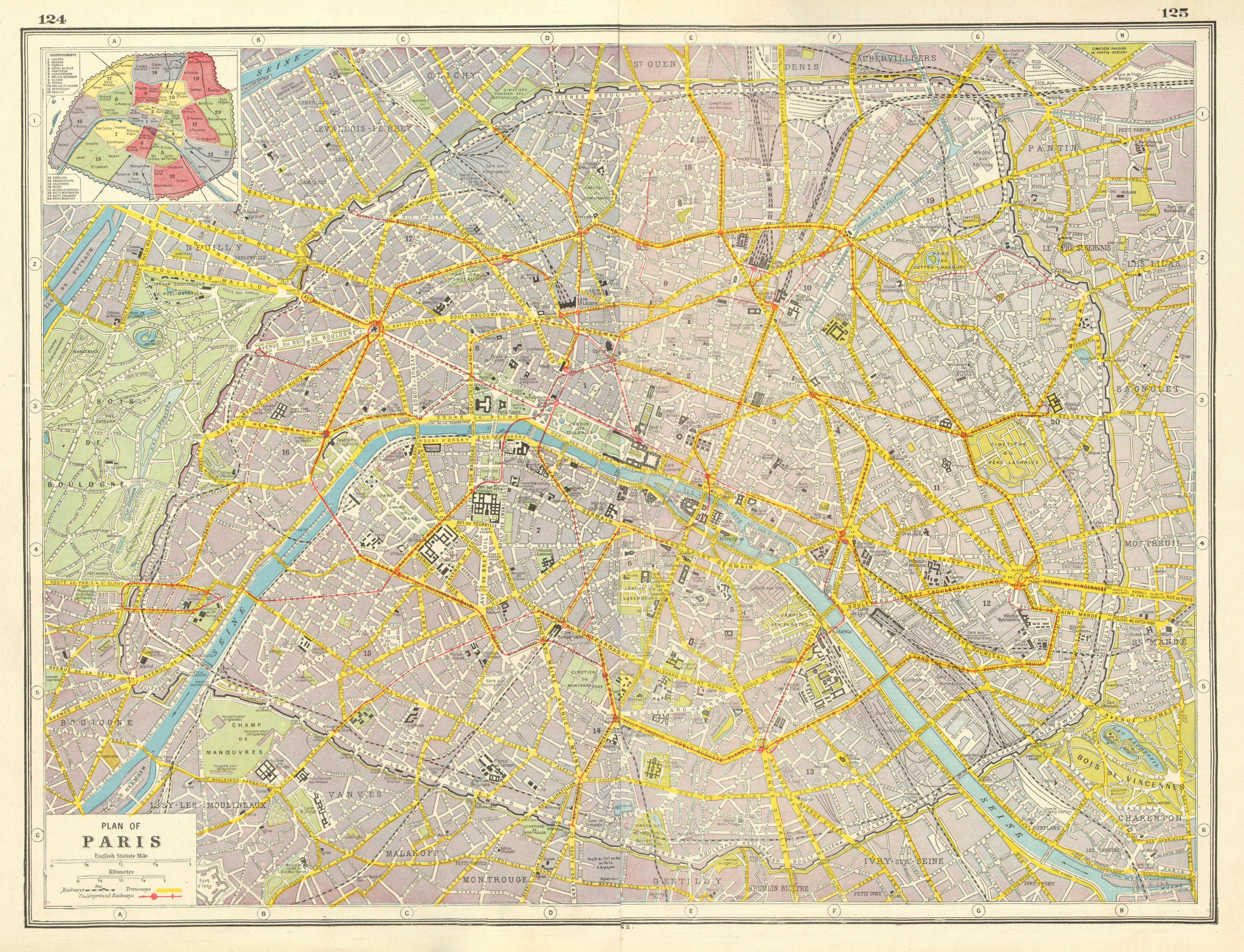 Associate Product PARIS CITY PLAN. tramways railways fortifications Arrondissements 1920 old map