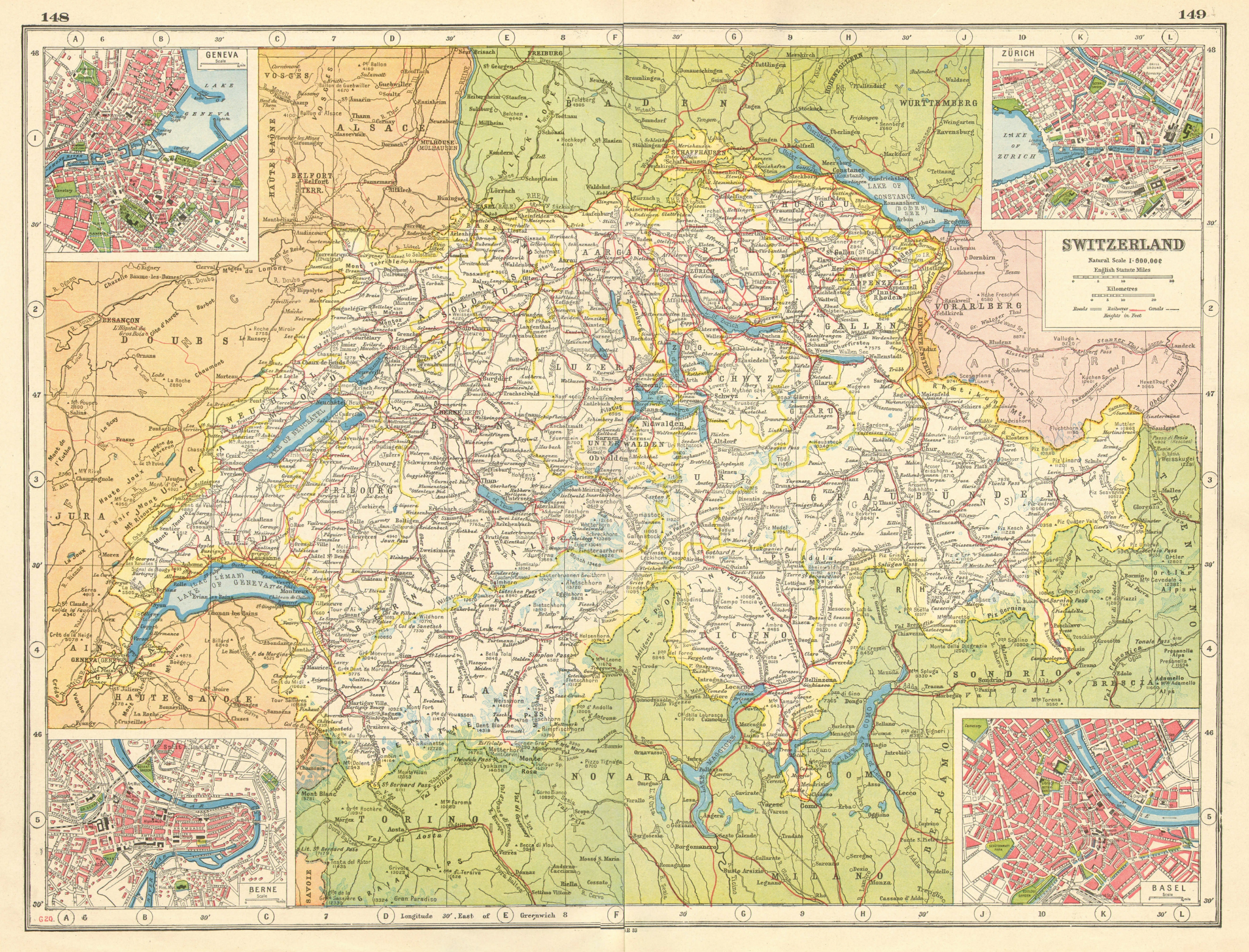 Associate Product SWITZERLAND. Geneva Genf Berne Bern Zurich Zürich Basel Basle plans 1920 map